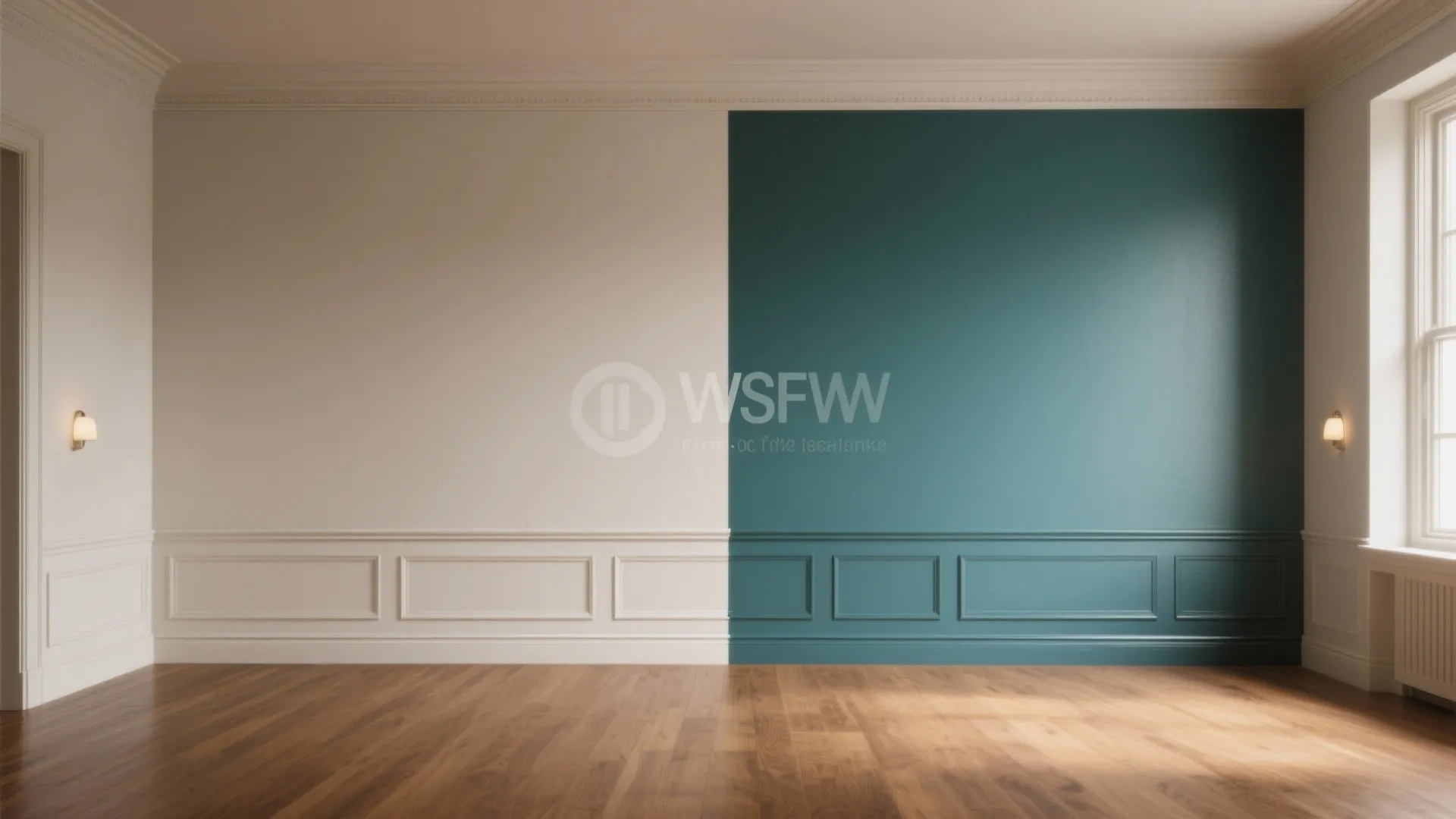 Empty room with beige and teal walls white wall panels wooden floor and wall lights