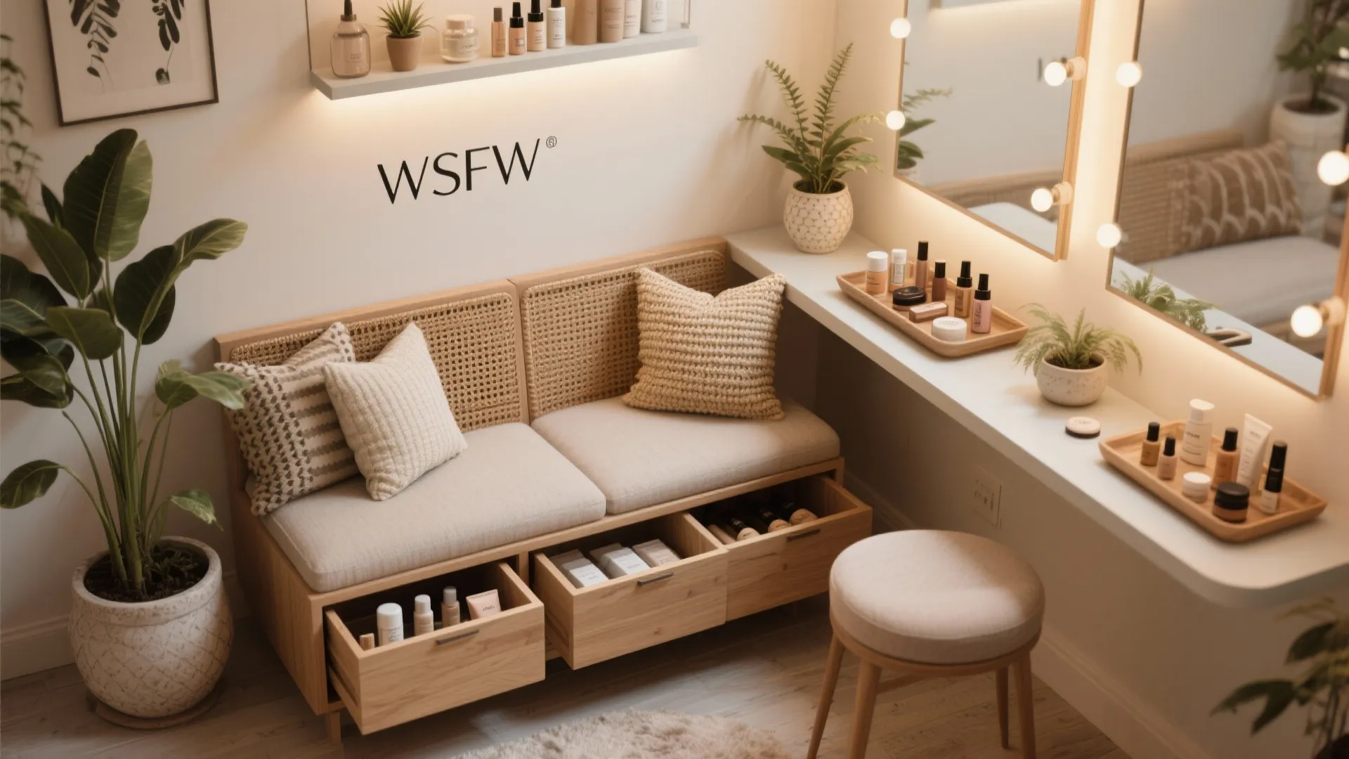 Small beauty waiting area with wooden bench storage drawers stool round mirror and warm lighting indoor