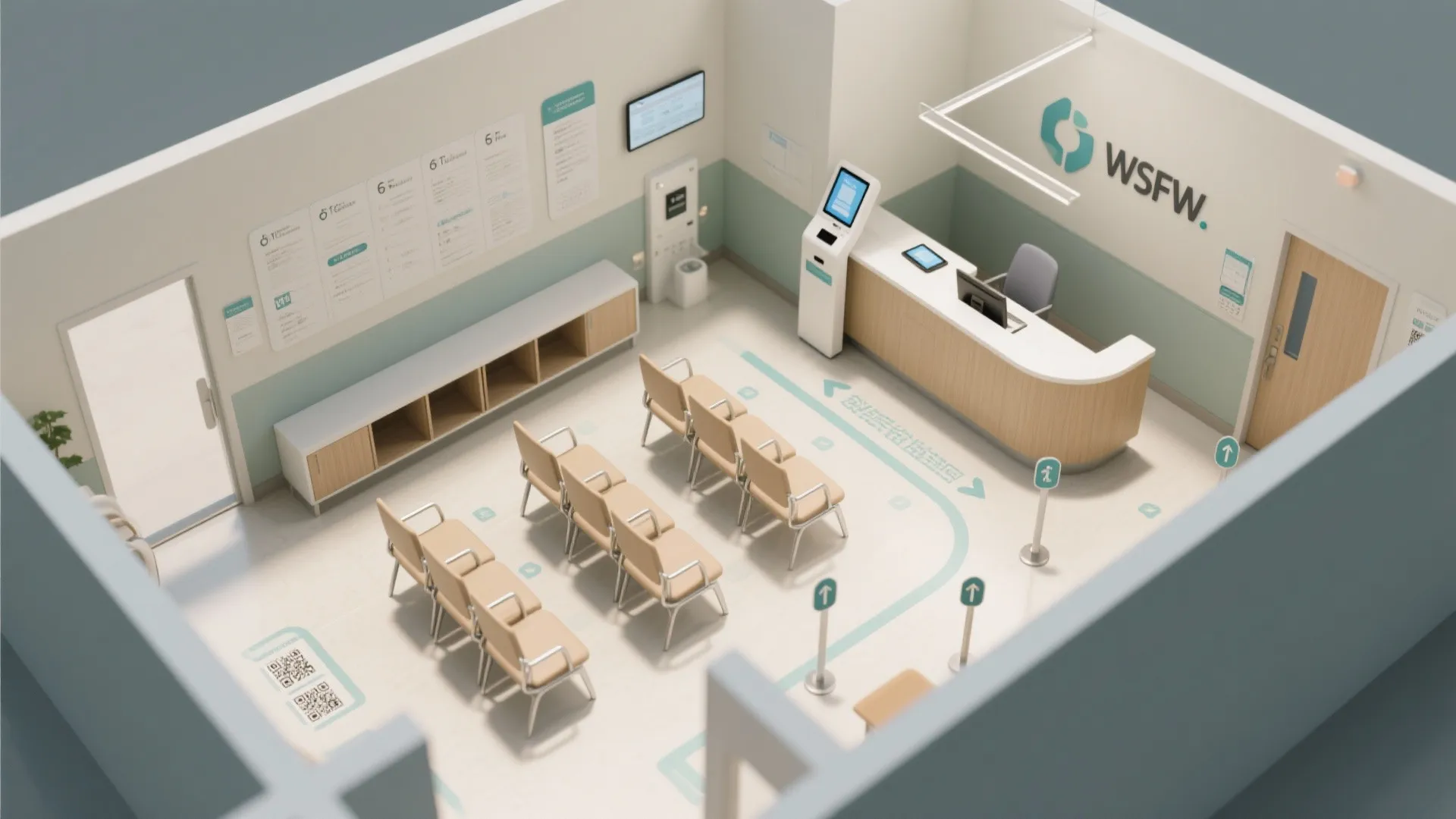 Interior design drawing of a medical clinic reception with seating desk and clear floor layout