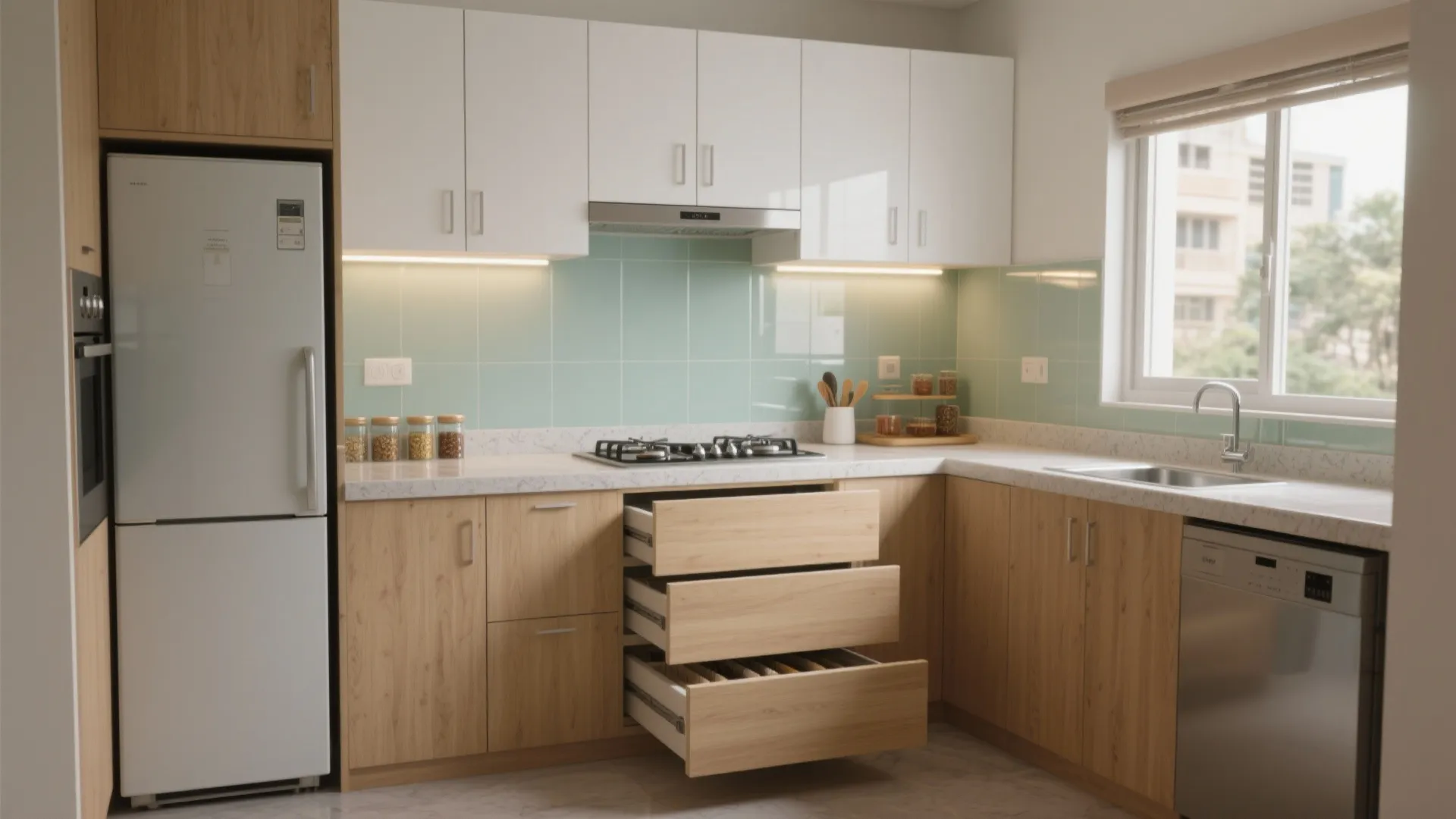 Modern kitchen with wood lower cabinets and three open drawers showing storage space and fridge