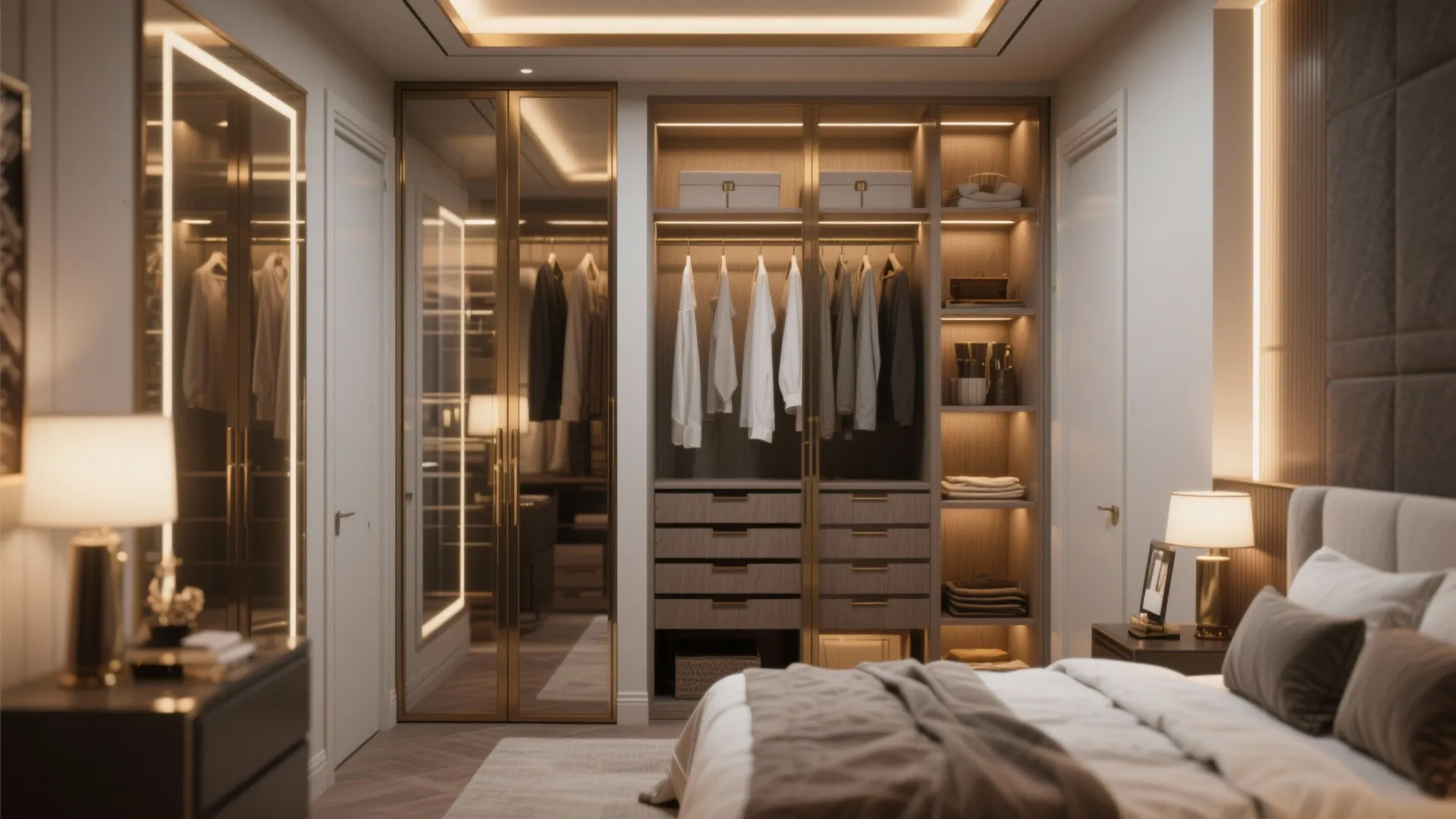 Luxury walk in closet with built in lights hanging clothes and glass doors in a bedroom