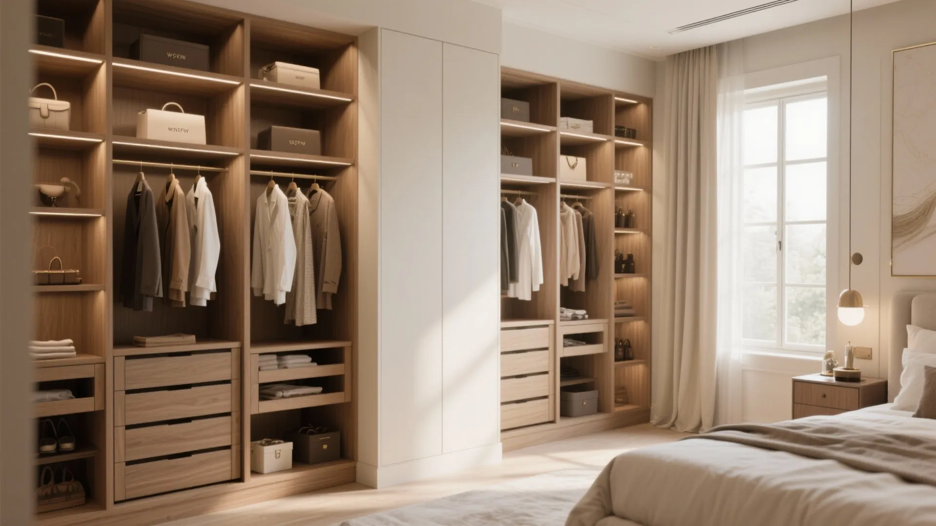 Modern walk-in closet with wooden shelves hanging clothes drawers bright lighting and a large window