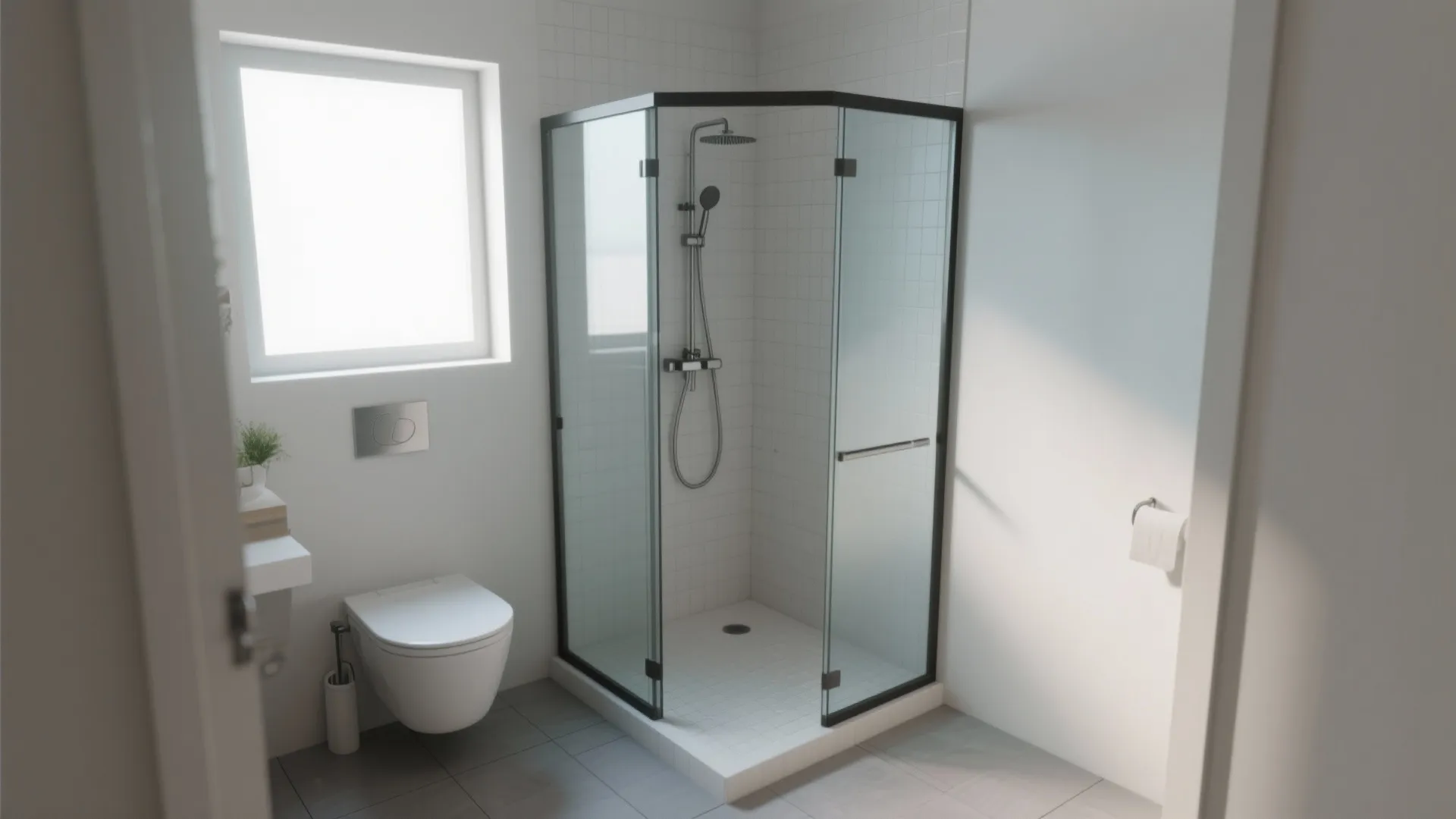 Corner glass shower cabin with black frame next to a white toilet and bright window