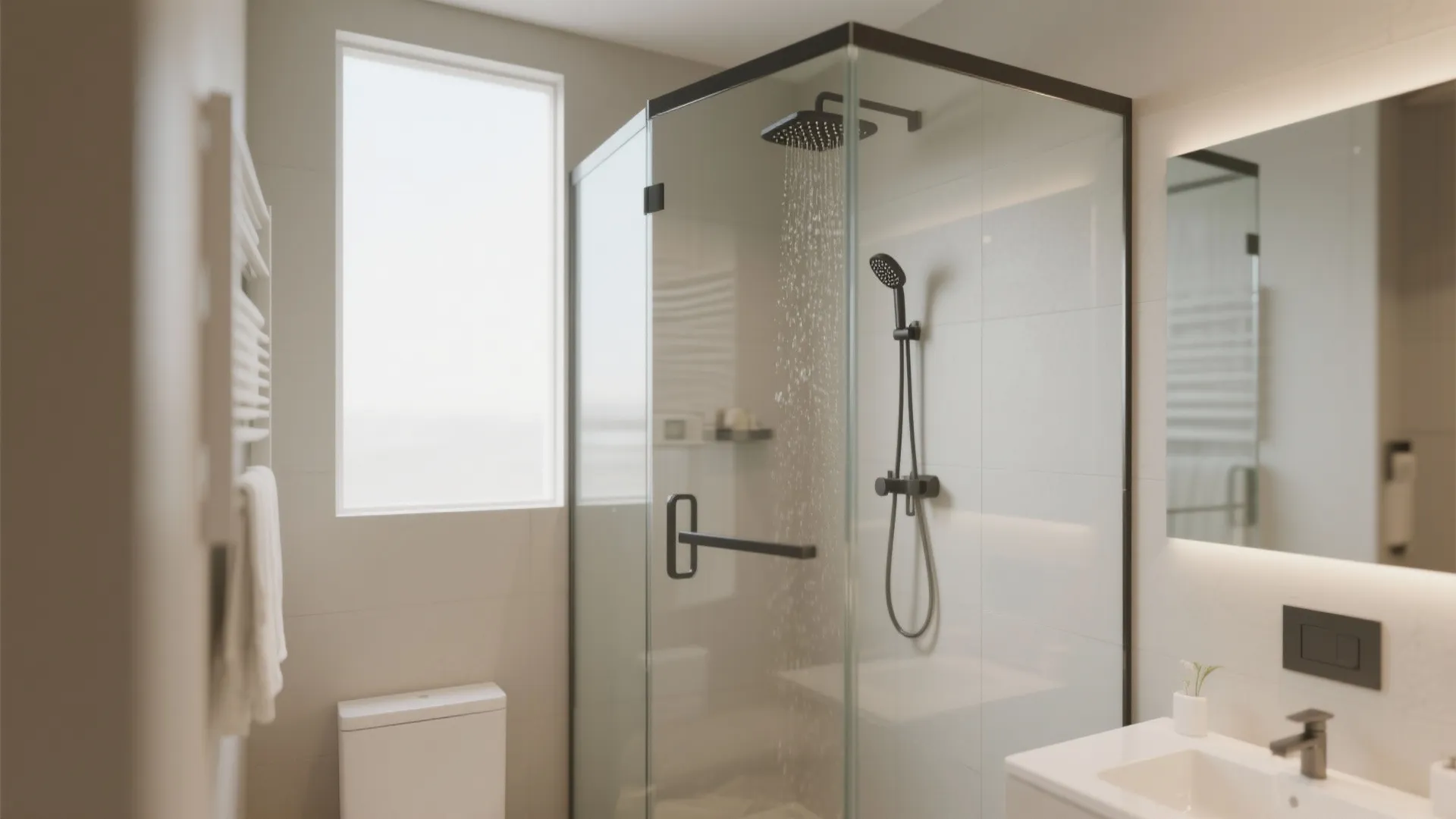 Modern bathroom interior design with glass shower door black shower head and white sink cabinet