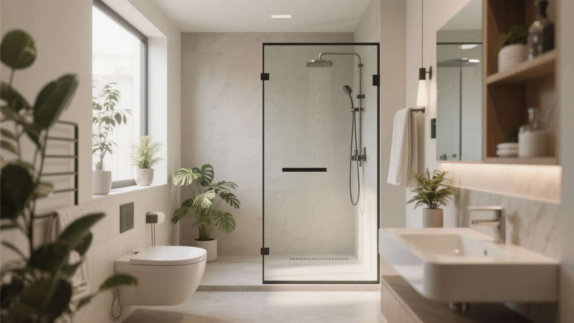 Bright modern bathroom with glass shower door green plants white toilet and a large window