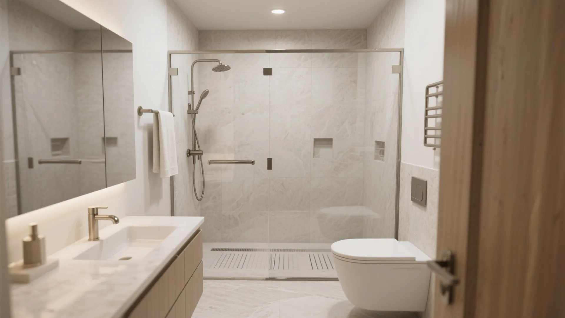Modern bathroom with glass shower door, marble wall tiles, white toilet, and wooden vanity storage