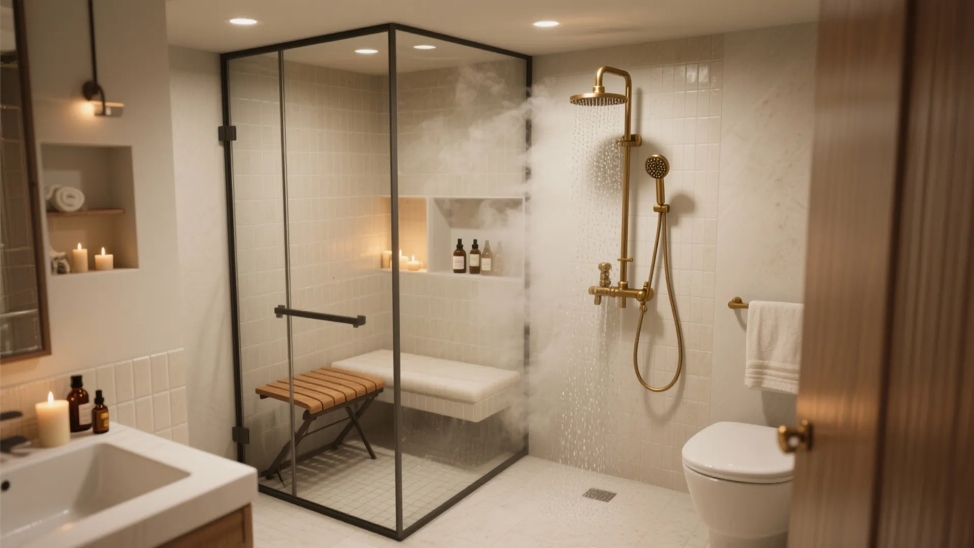 3. Walk-in Showers with Bench and Steam-Friendly Features