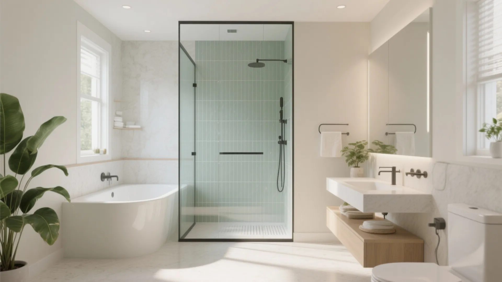 Bright 5x8 bathroom with a frameless glass walk-in shower and vertical tile accent.