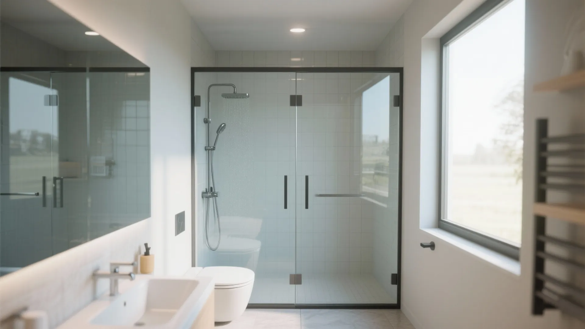 Clean bathroom interior with glass shower door large mirror white sink toilet and natural light