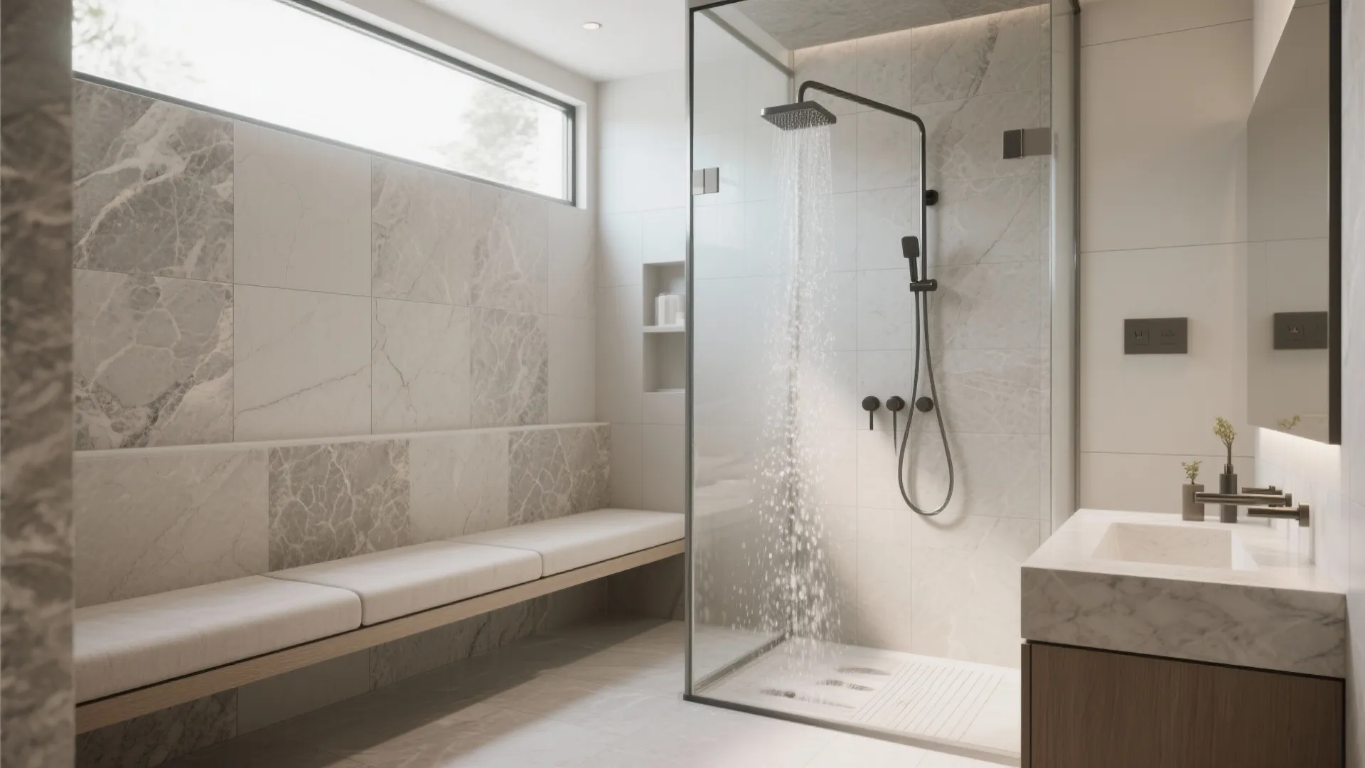 Walk-in shower with built-in bench and stone tiles