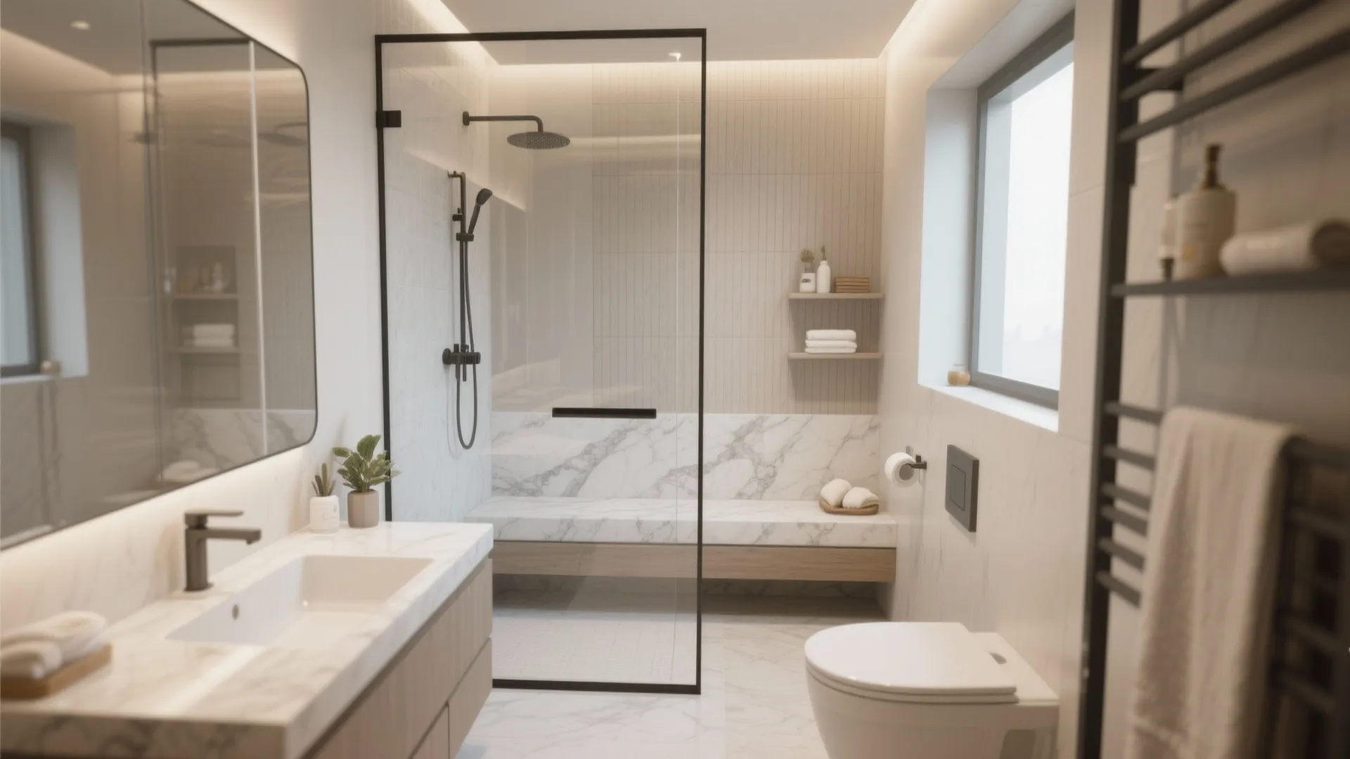Bright bathroom featuring glass walk in shower with marble bench wooden cabinet and white wall toilet
