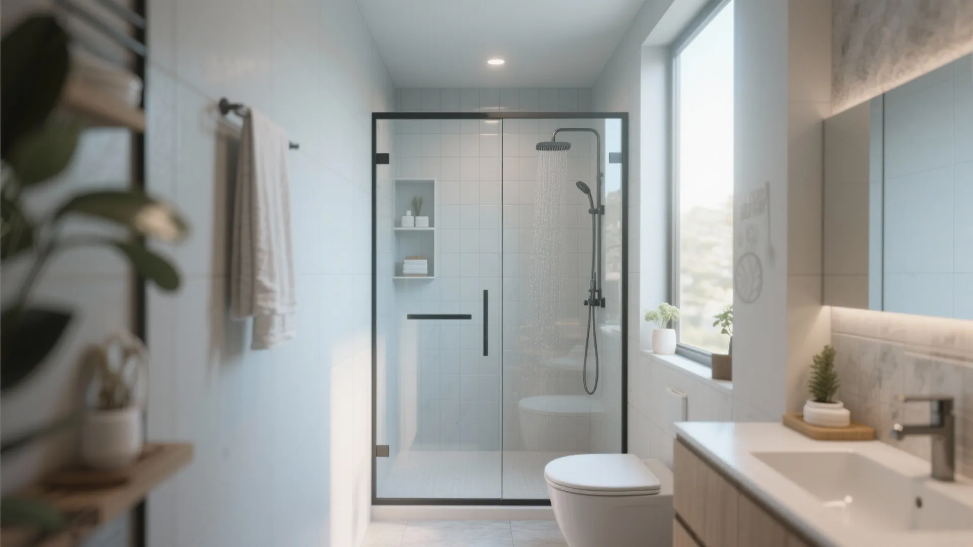 Bright bathroom with glass shower door, black shower head, white toilet, and wooden sink cabinet