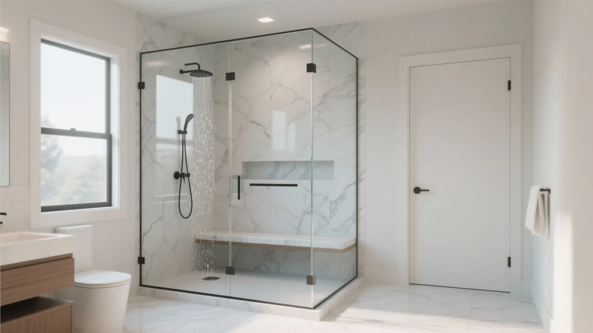 Modern bathroom with glass walk in shower featuring marble walls and black shower head and bench