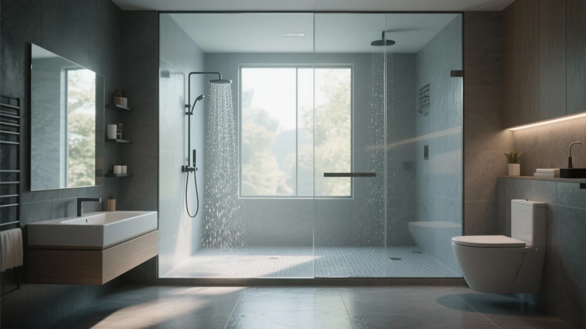 Modern dark bathroom with large walk-in glass shower, double shower heads, toilet, and wooden sink cabinet