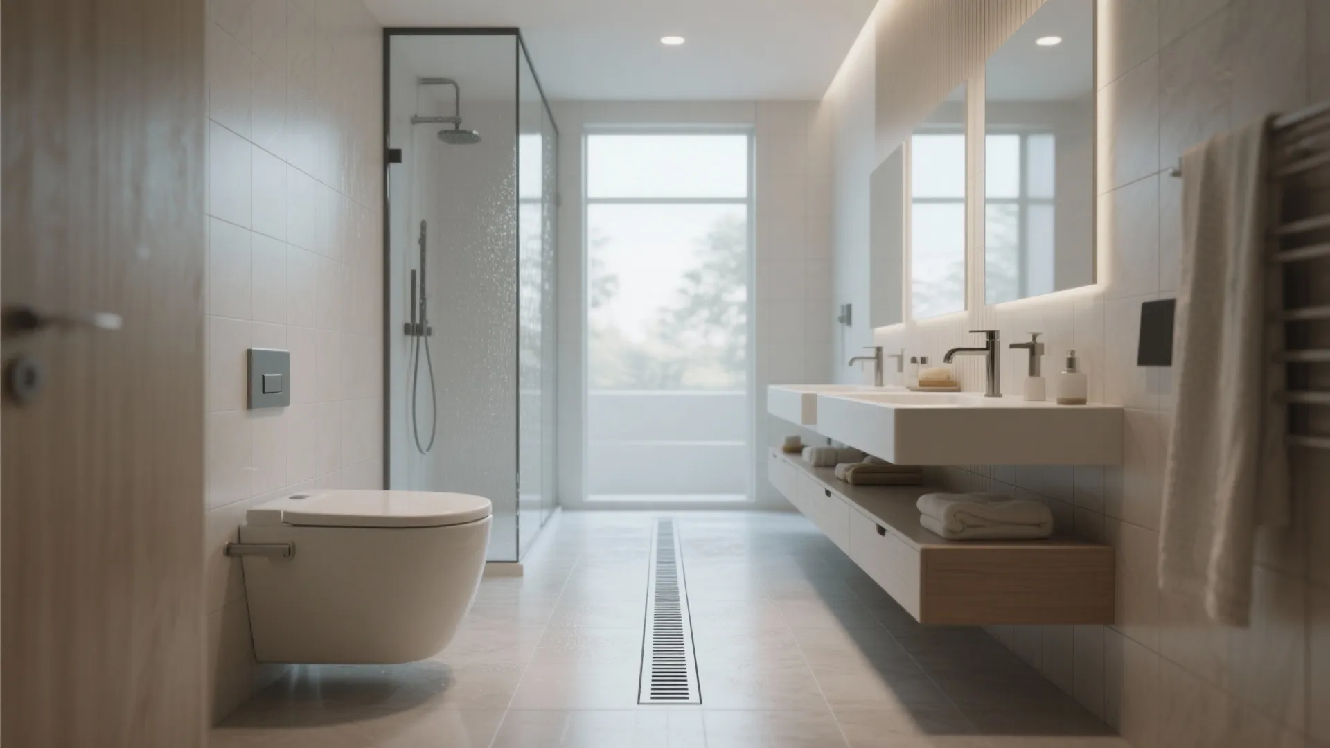 Modern bright bathroom with white toilet glass shower double sink vanity wooden cabinet and drain