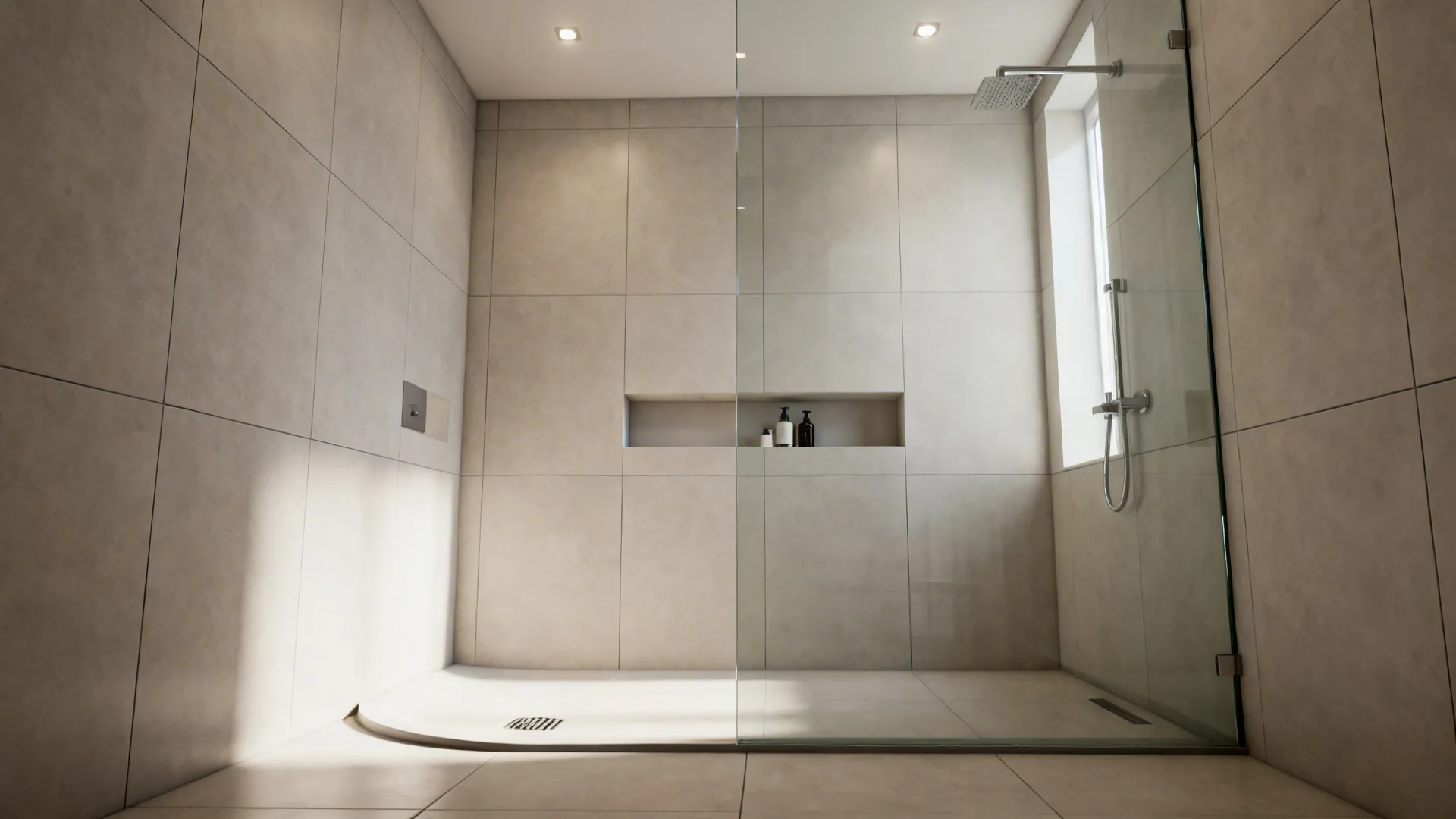 Curbless walk-in shower with frameless glass and continuous large-format tiles for seamless look