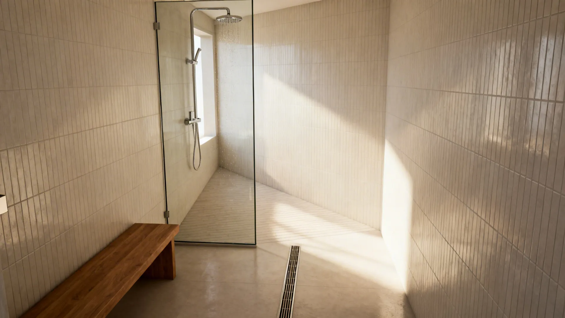 Modern wetroom with beige wall tiles glass door shower head wooden bench and bright sunlight