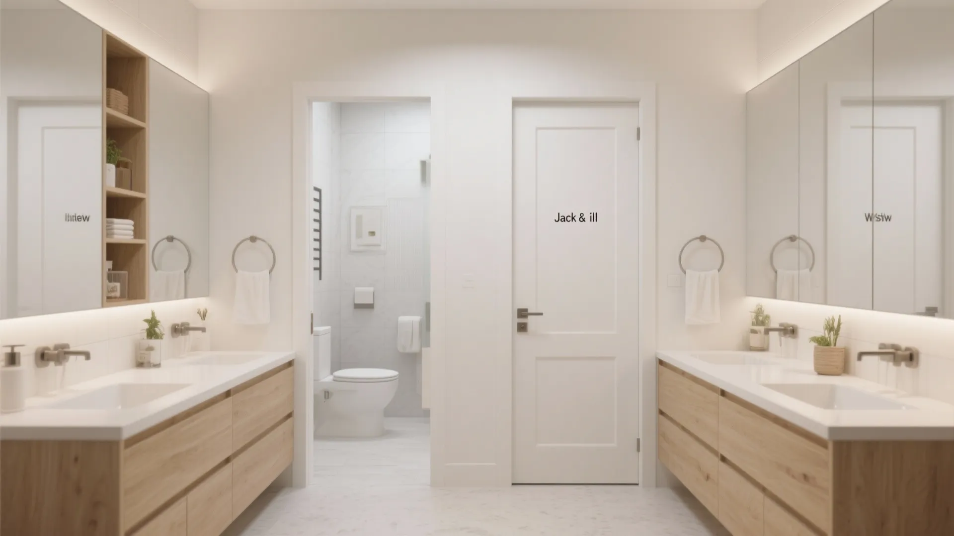 Double vanity bathroom with wooden cabinets large mirrors white sinks and view of toilet room area