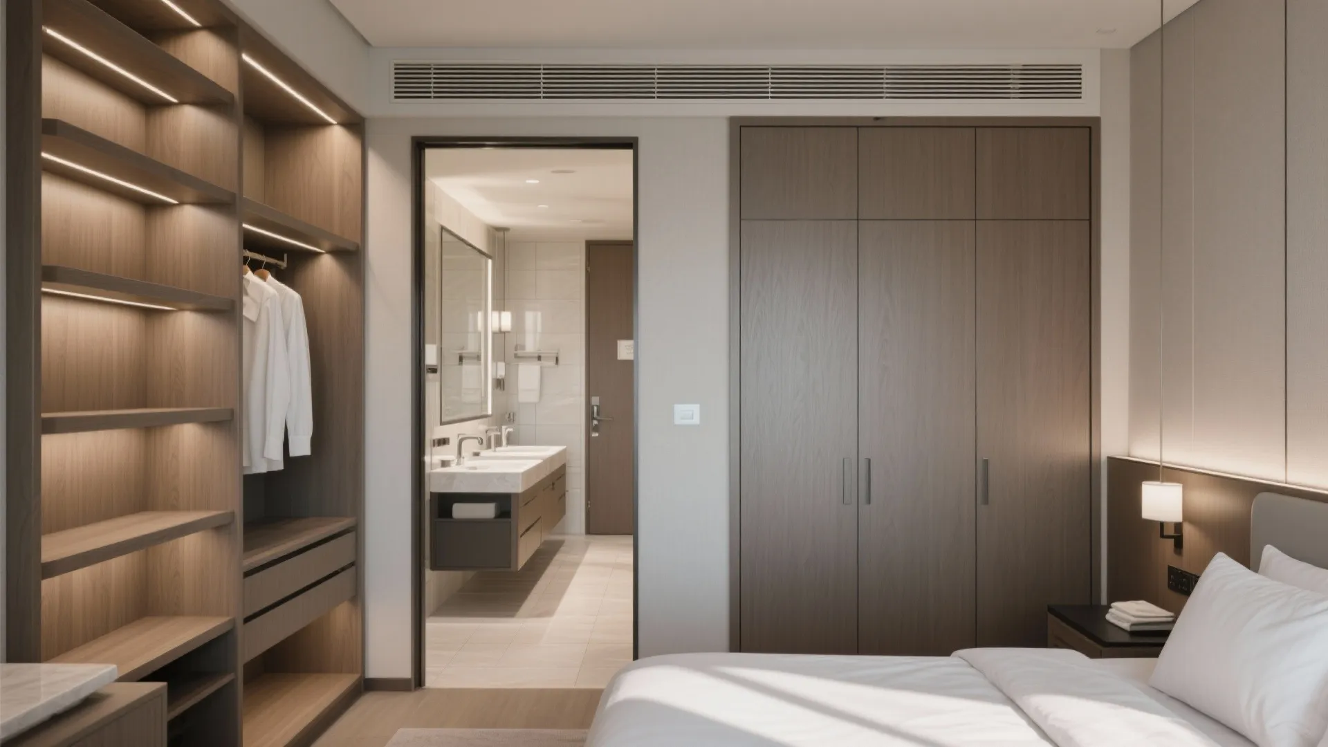 Modern bedroom with walk in closet wood shelves large wardrobe and view into a white bathroom