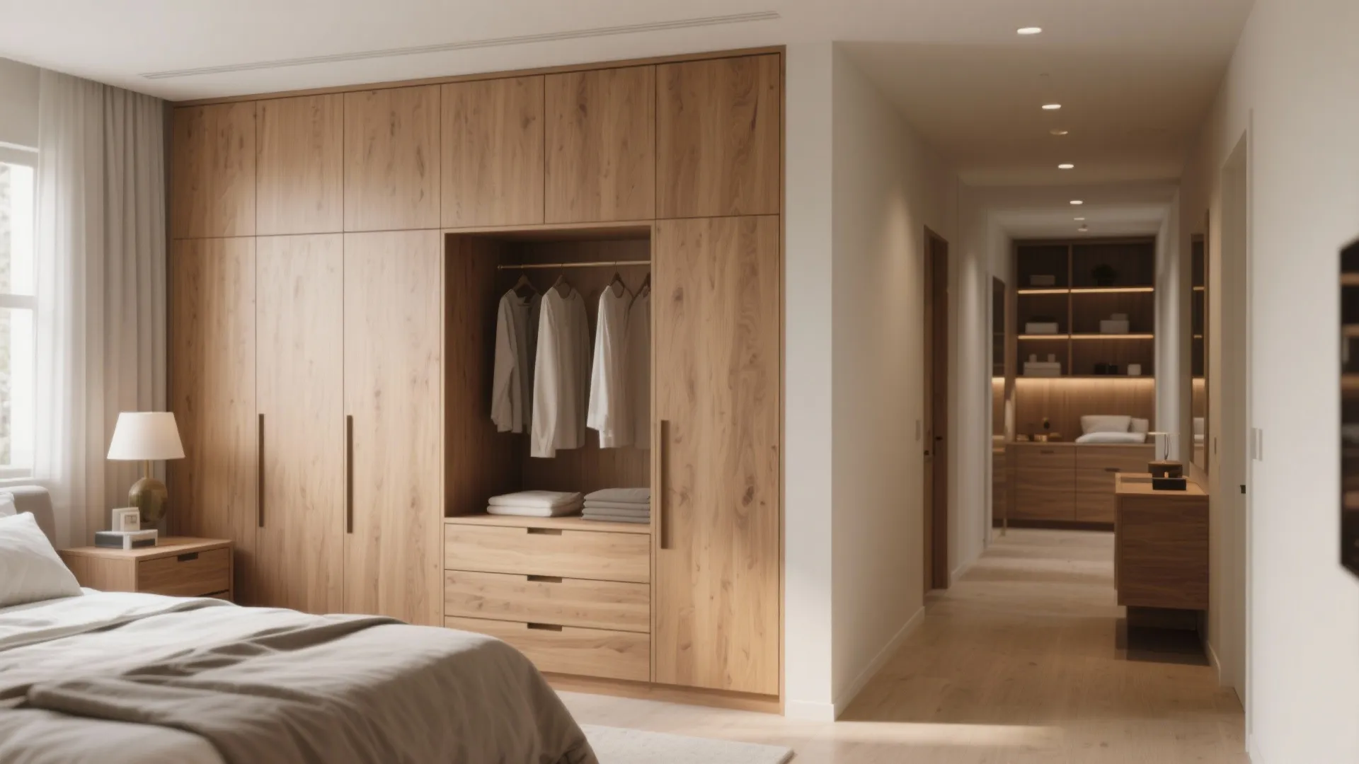 Built-in dresser partitioning bedroom and dressing area