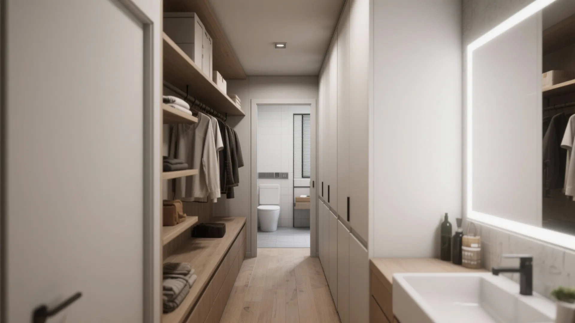 Narrow walk through closet with wood shelves and white cabinets leading to a bright bathroom