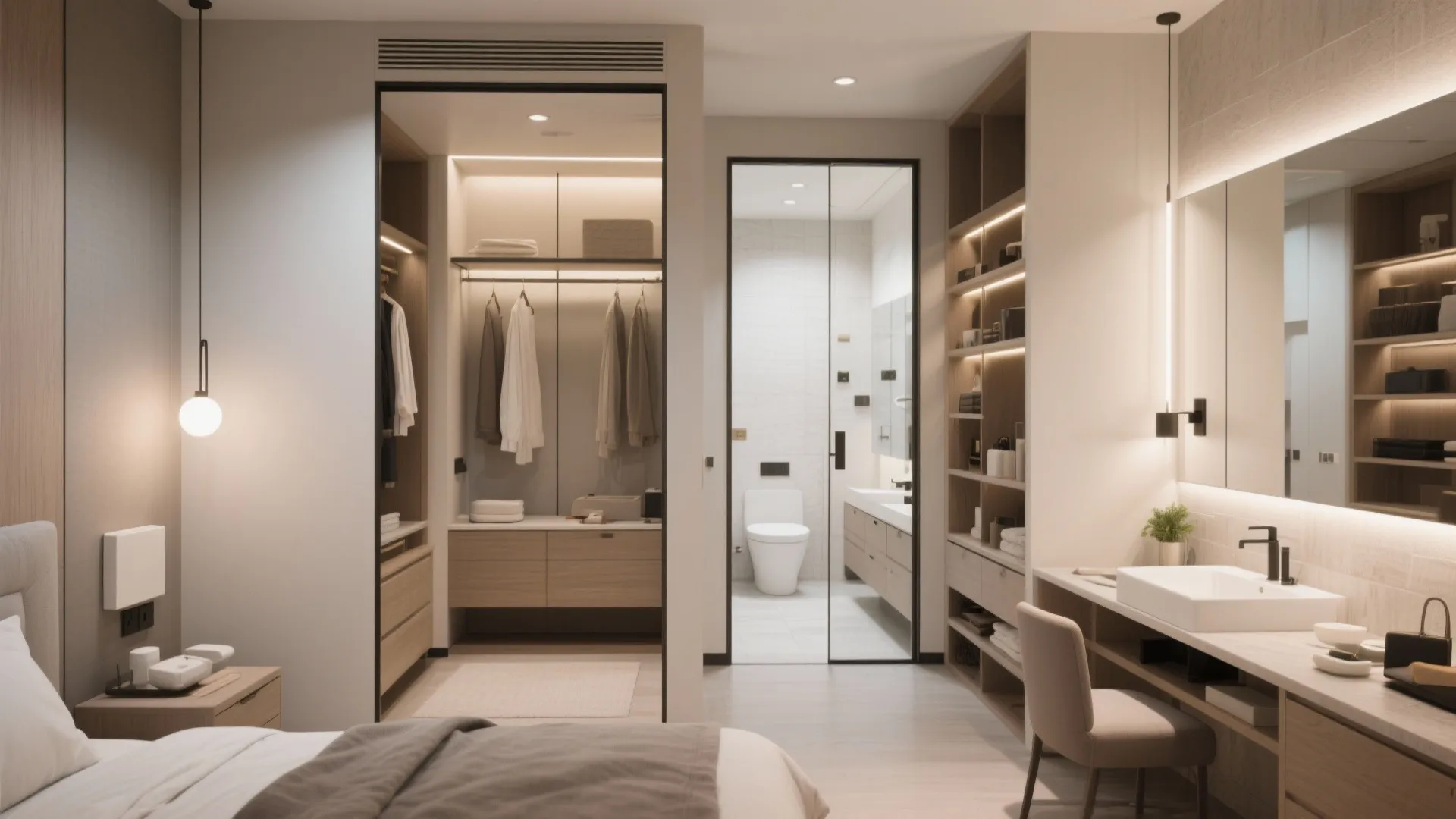 Modern master suite showing a bedroom connected to a walk-in closet and a private bathroom