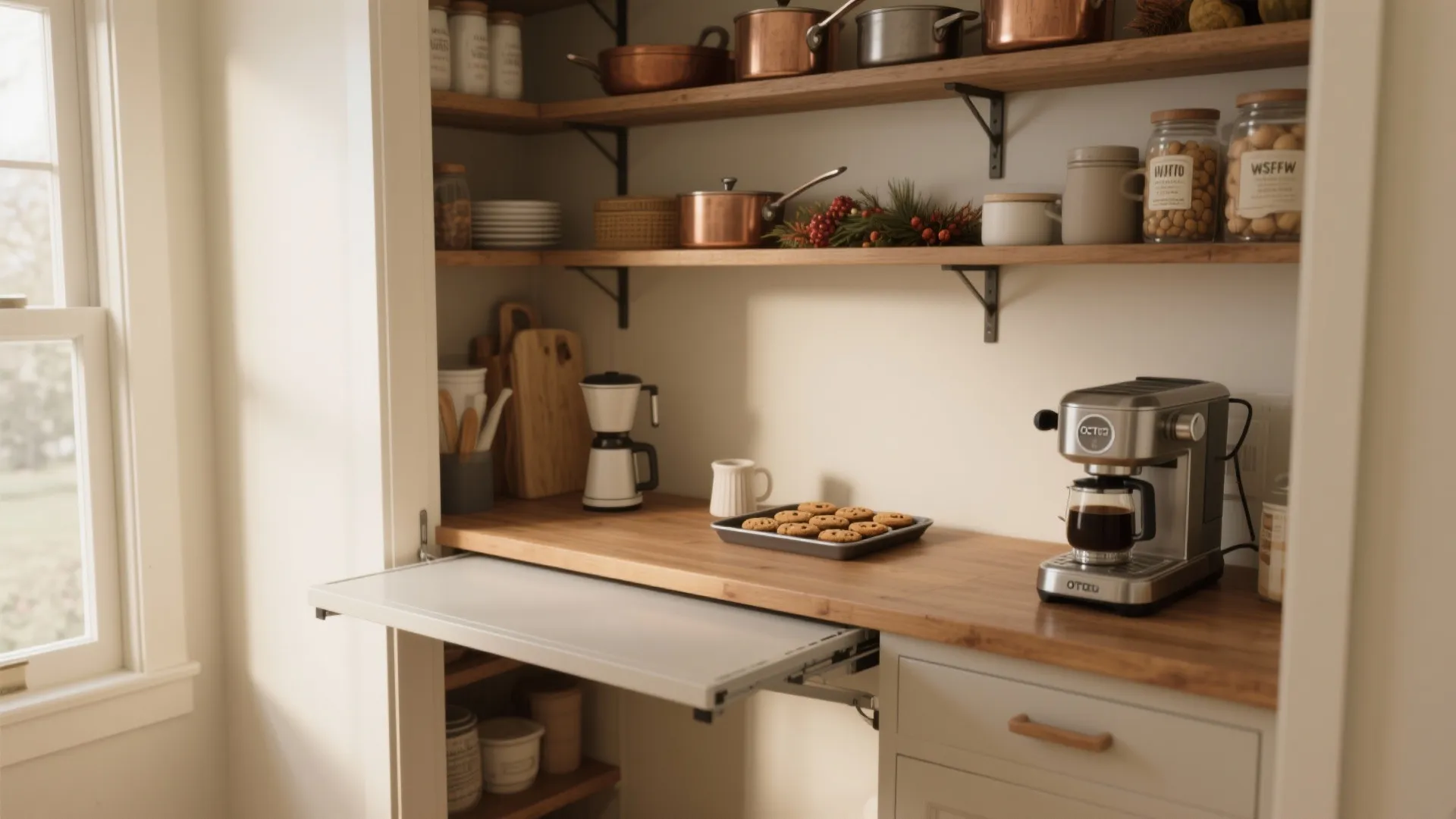 Kitchen pantry area with a pull-out white folding counter coffee machine and wooden storage shelves