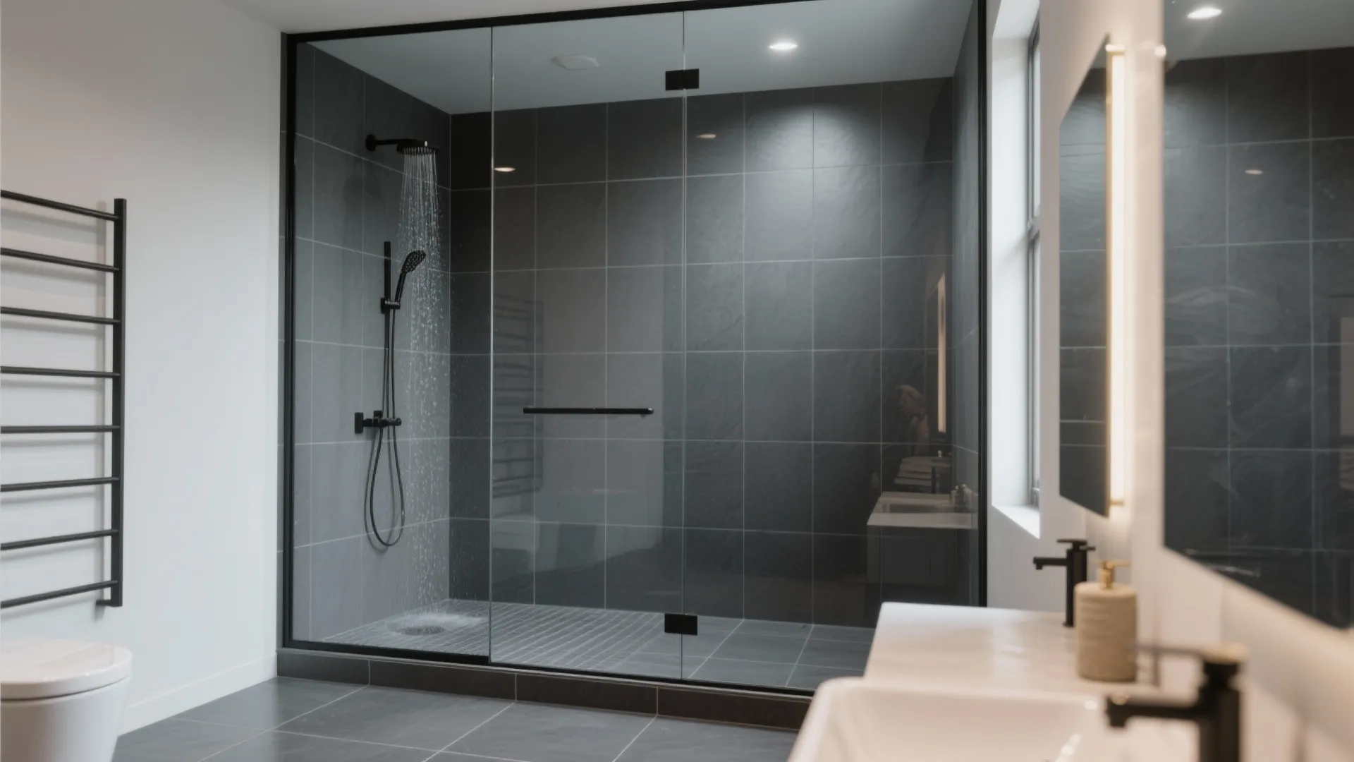 Define Zones: Walk-In Shower with Frameless Glass and Gray Tile