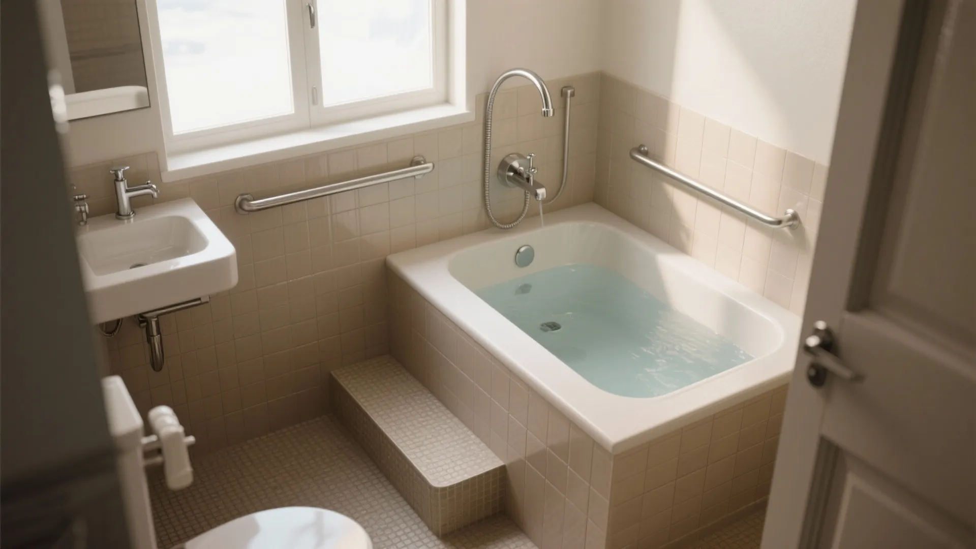 Small bathroom with walk in bathtub and metal grab bars for safety and easy access