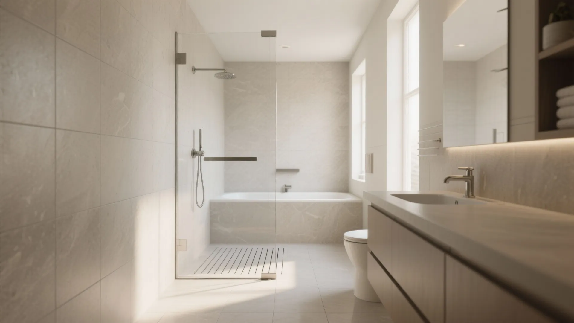 Minimalist bathroom design with glass shower cabin white bathtub toilet wooden cabinet and large mirror