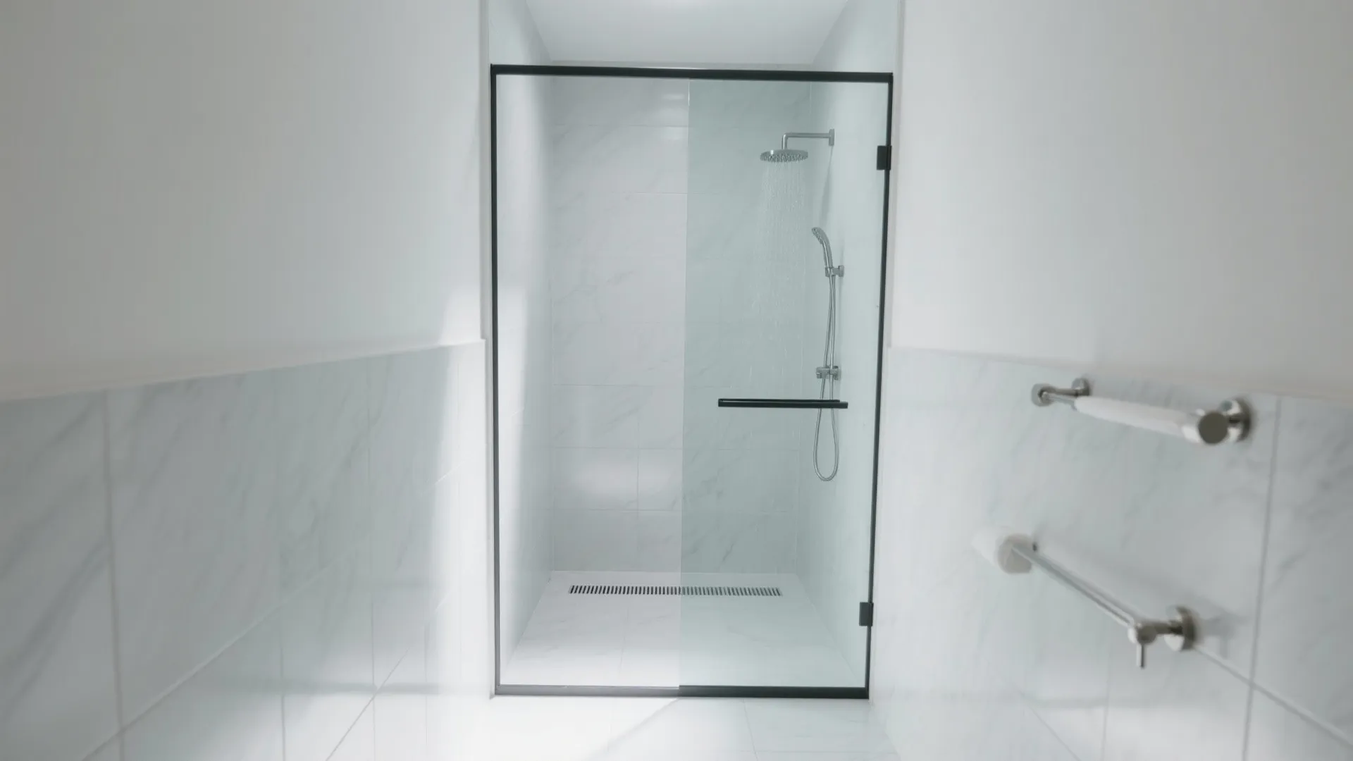 Minimalist bathroom with glass shower door black frame white marble wall tiles and shower head