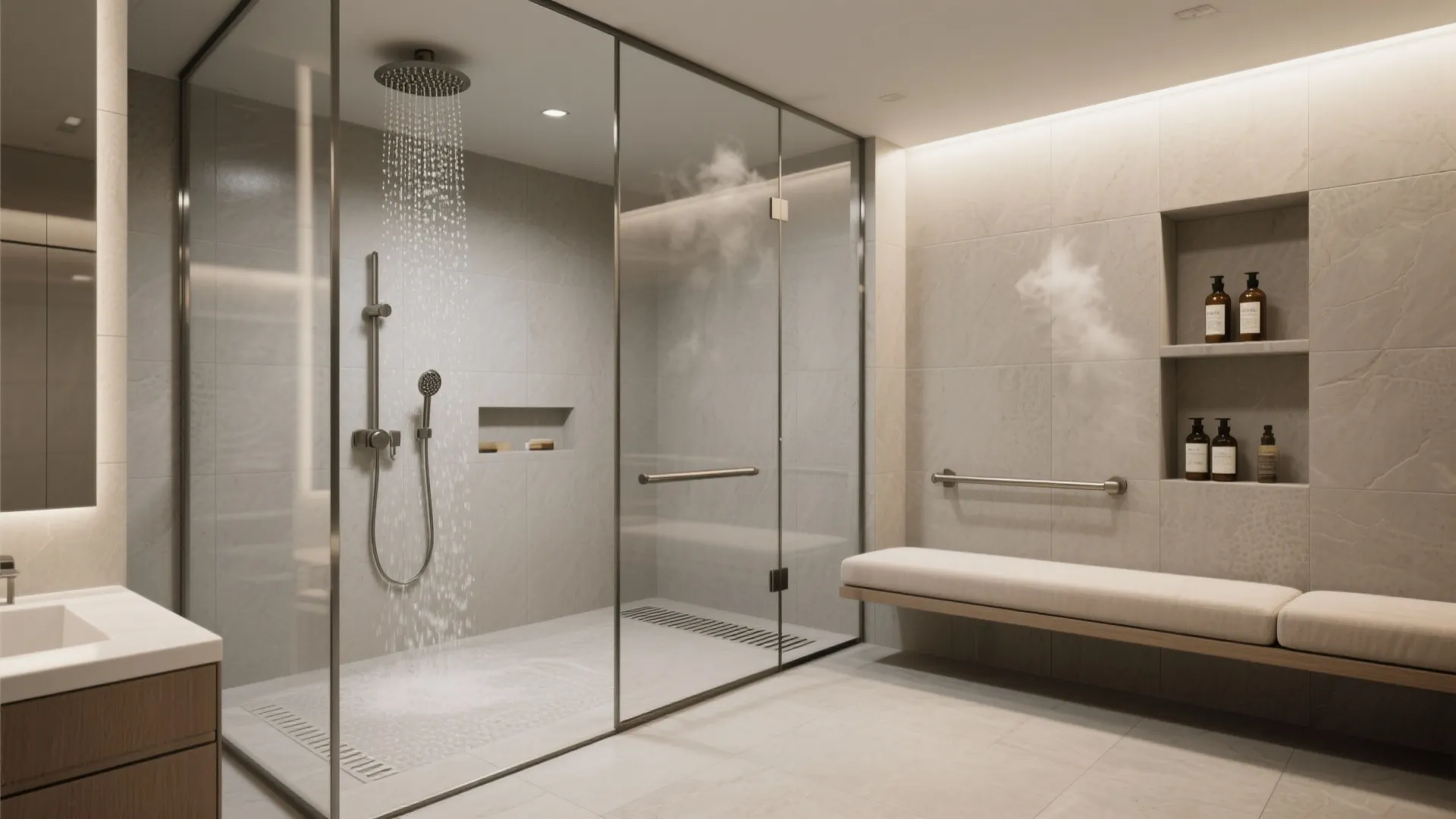 Walk-In Shower Suite (Bench, Niche, and Steam-Ready)