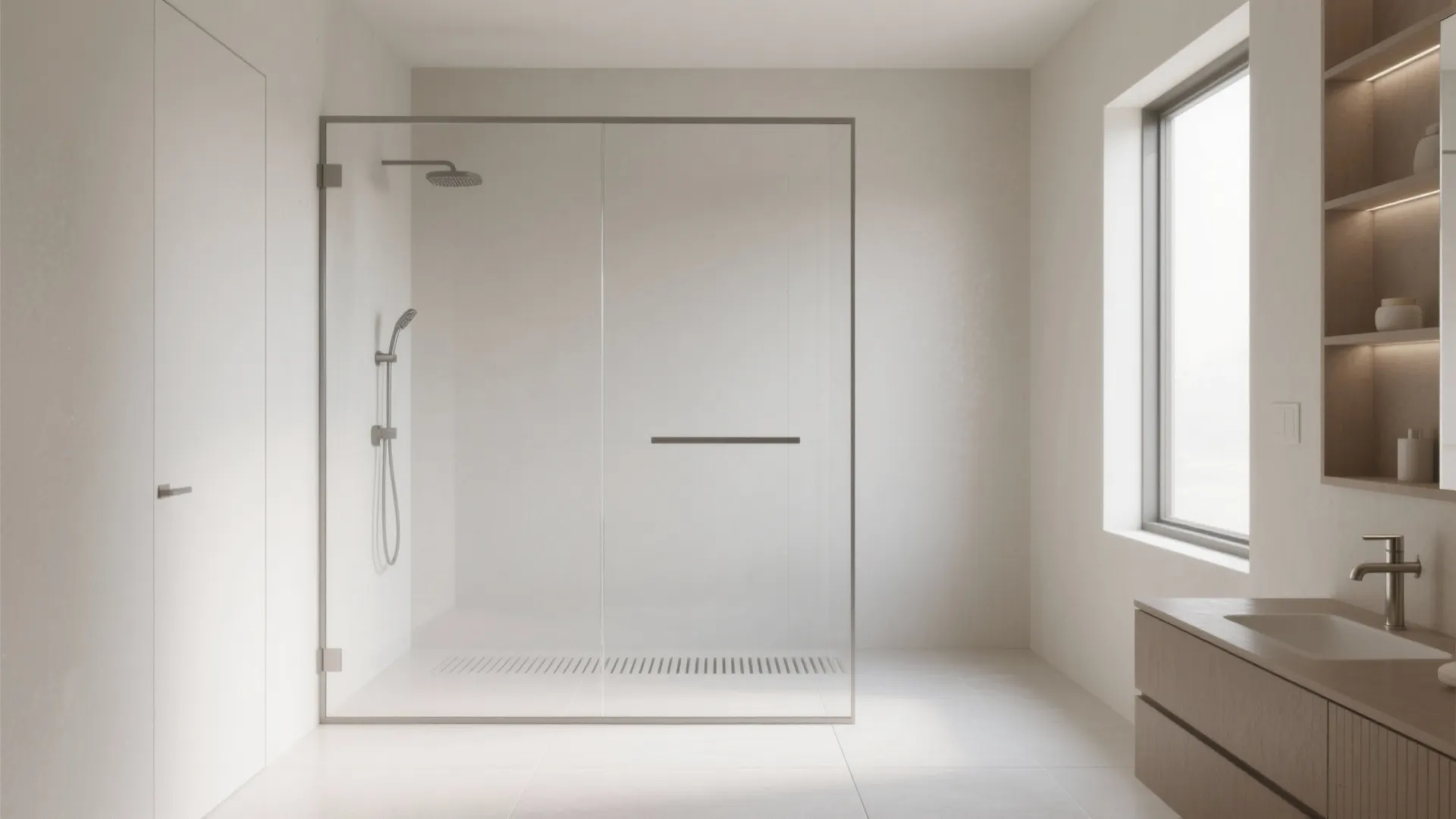 Modern bathroom featuring glass shower door wooden cabinet with sink large window and bright white walls