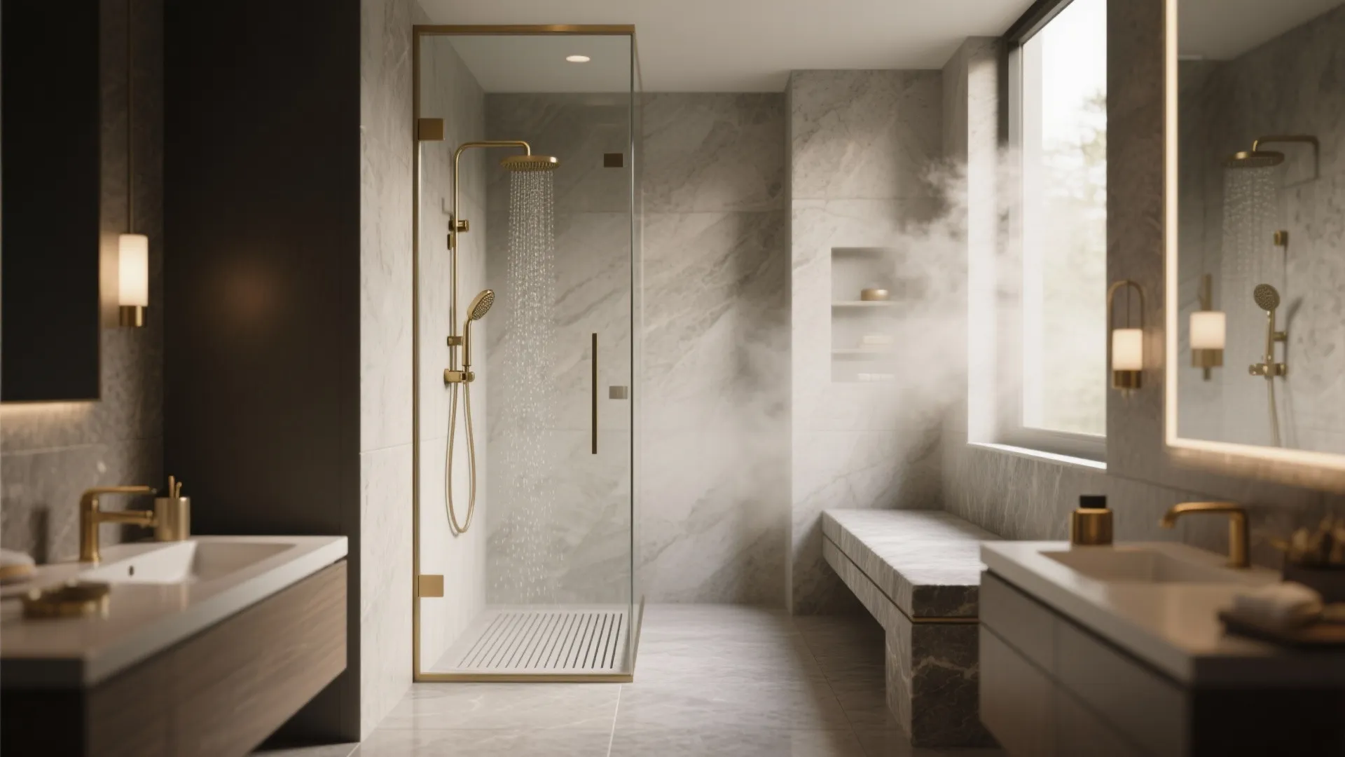 Modern marble bathroom with glass walk-in shower gold fixtures stone bench and warm ambient lighting