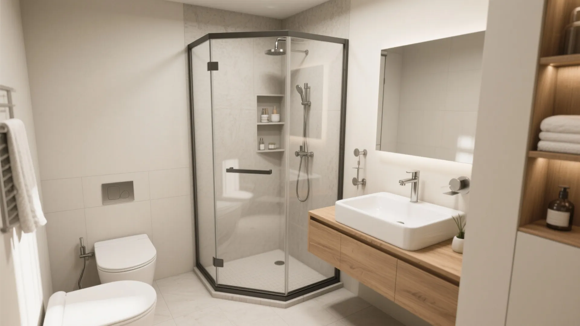 Idea 3: Compact Walk-In Shower with Floating Vanity
