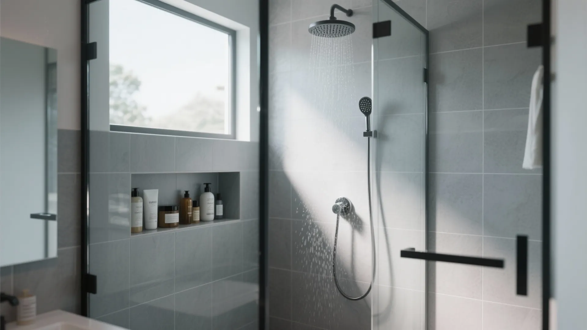 Walk-in shower with glass door and recessed wall shelf