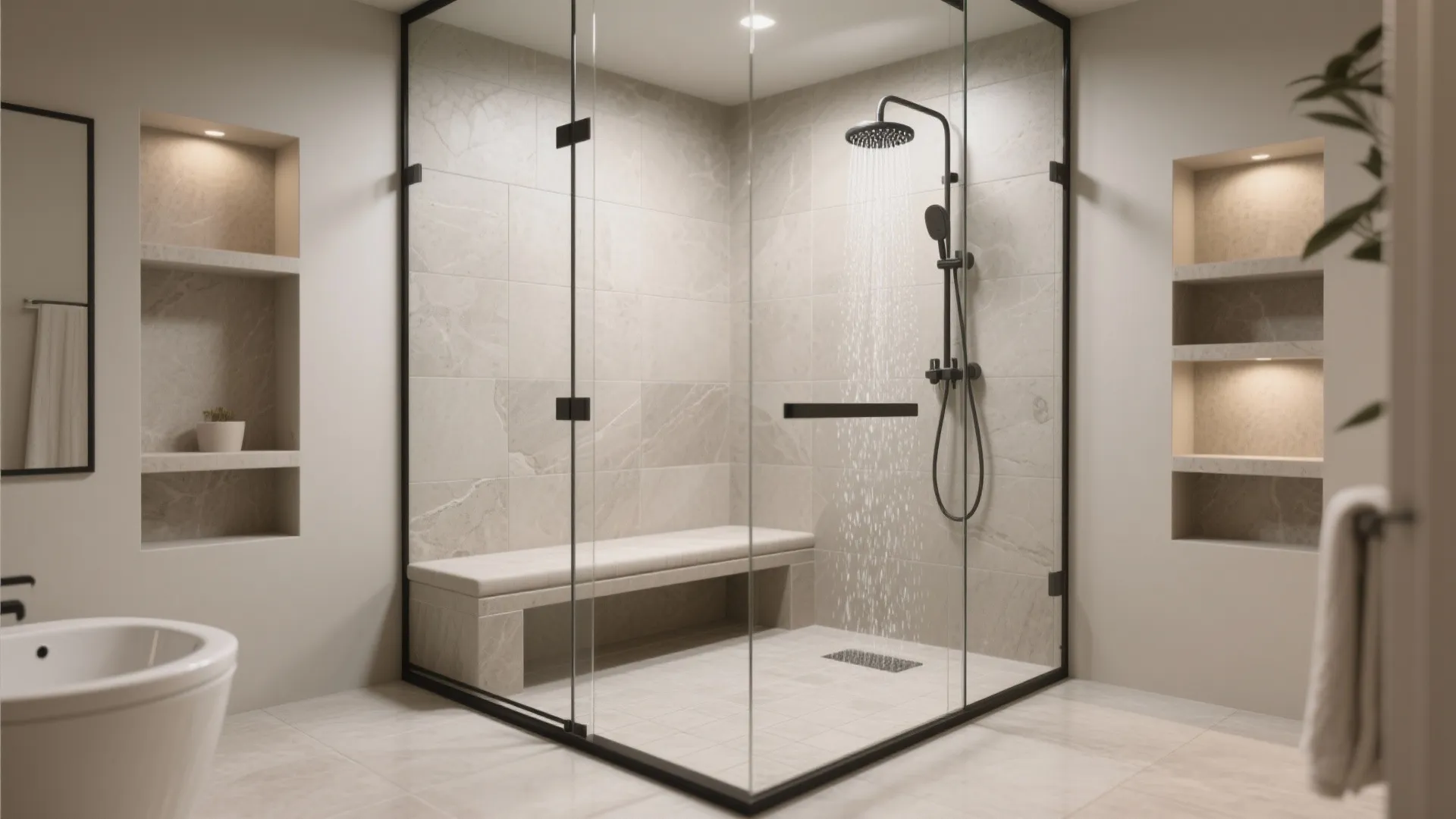 A modern walk-in shower with tiled bench and neutral tones