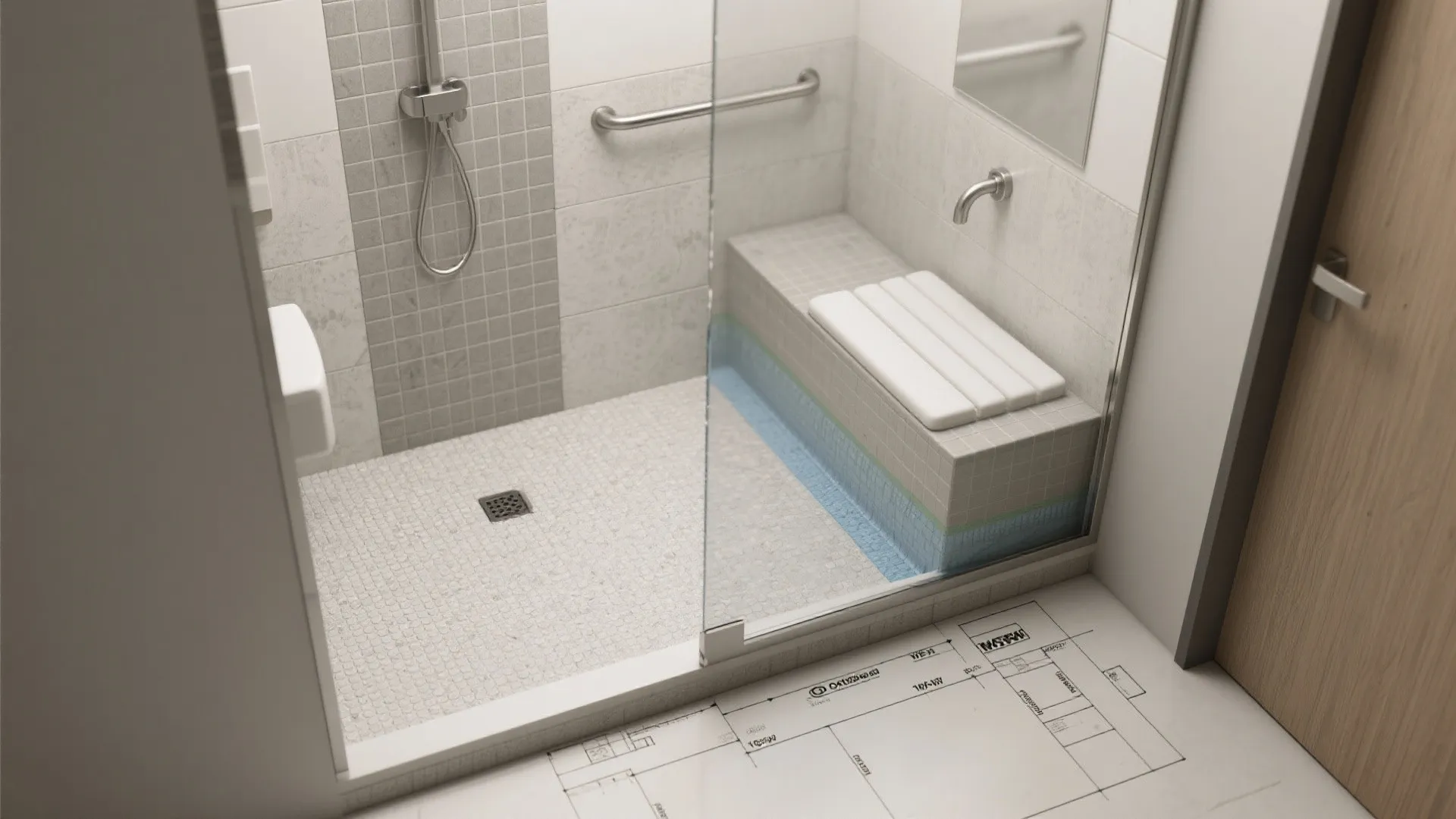 Top-down view of a walk-in soaking nook with glass partition, anti-slip floor, and built-in seat.