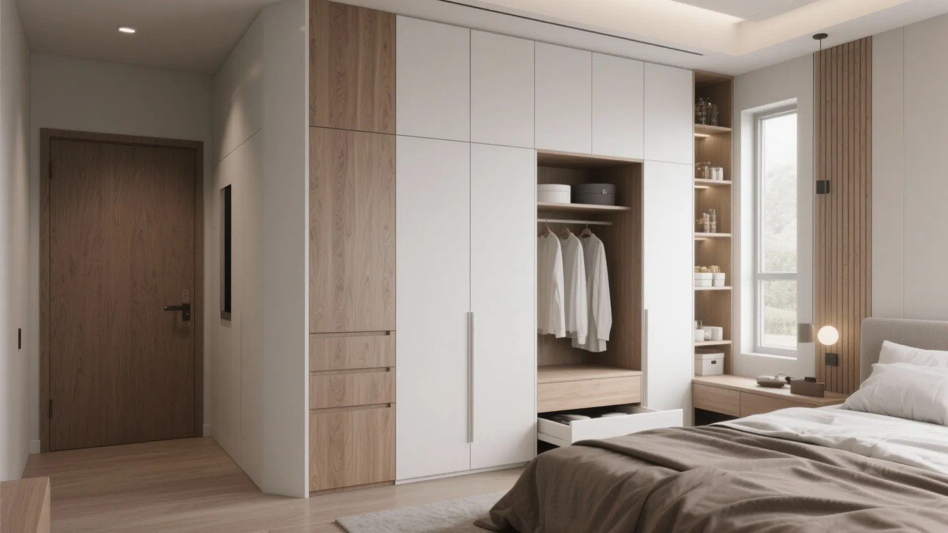 Minimalist bedroom featuring large white and wood cabinet with open shelves and integrated clothes hanging rail