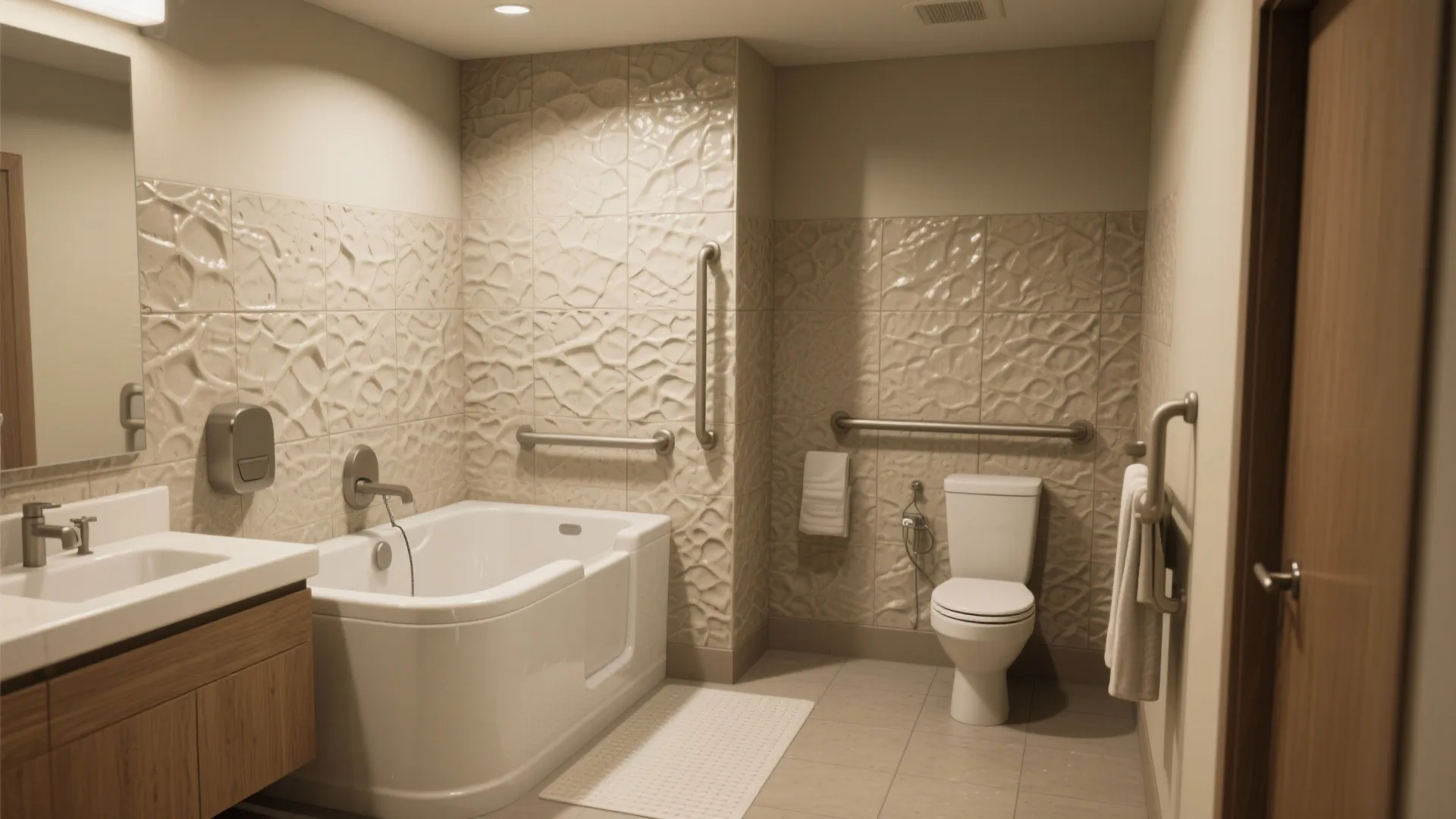 4. Walk-in Tub + Textured Wall Tile