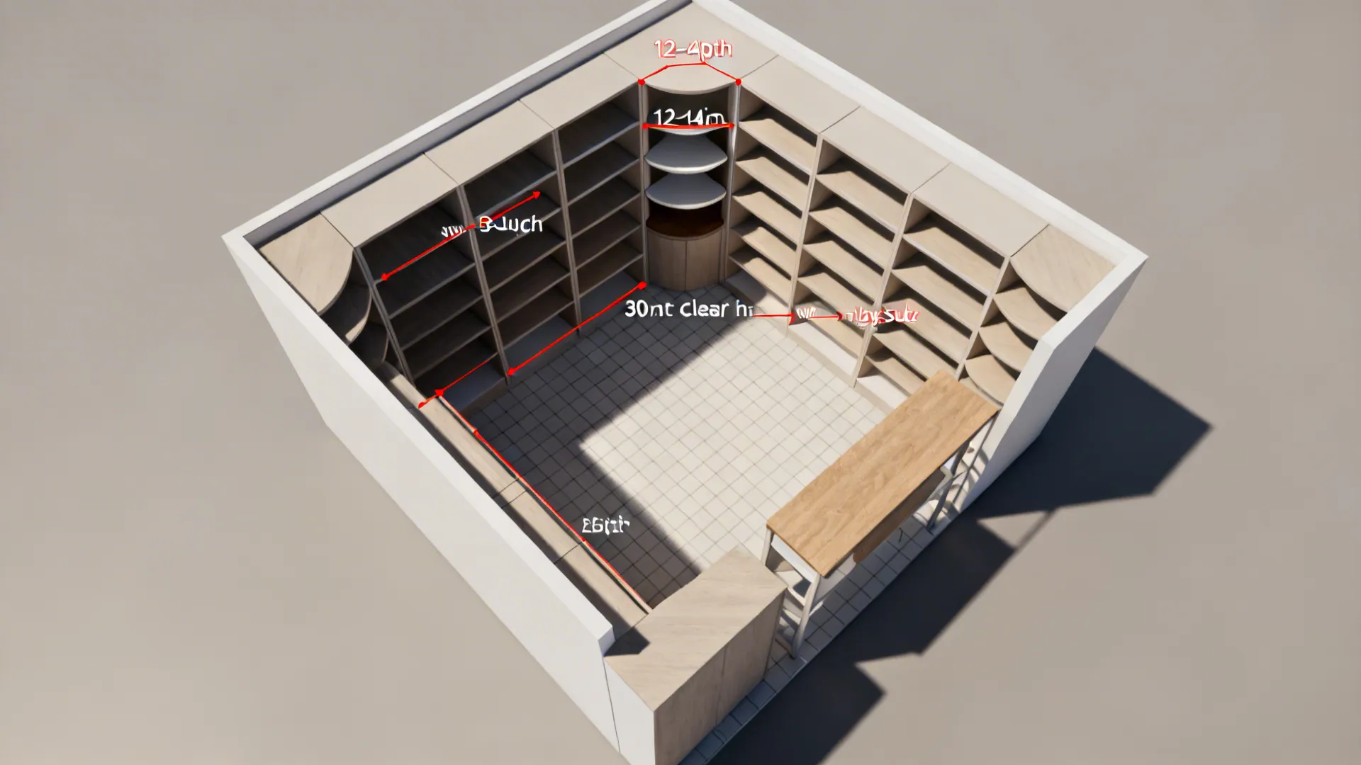 Compact walk-in with U-shaped shelving