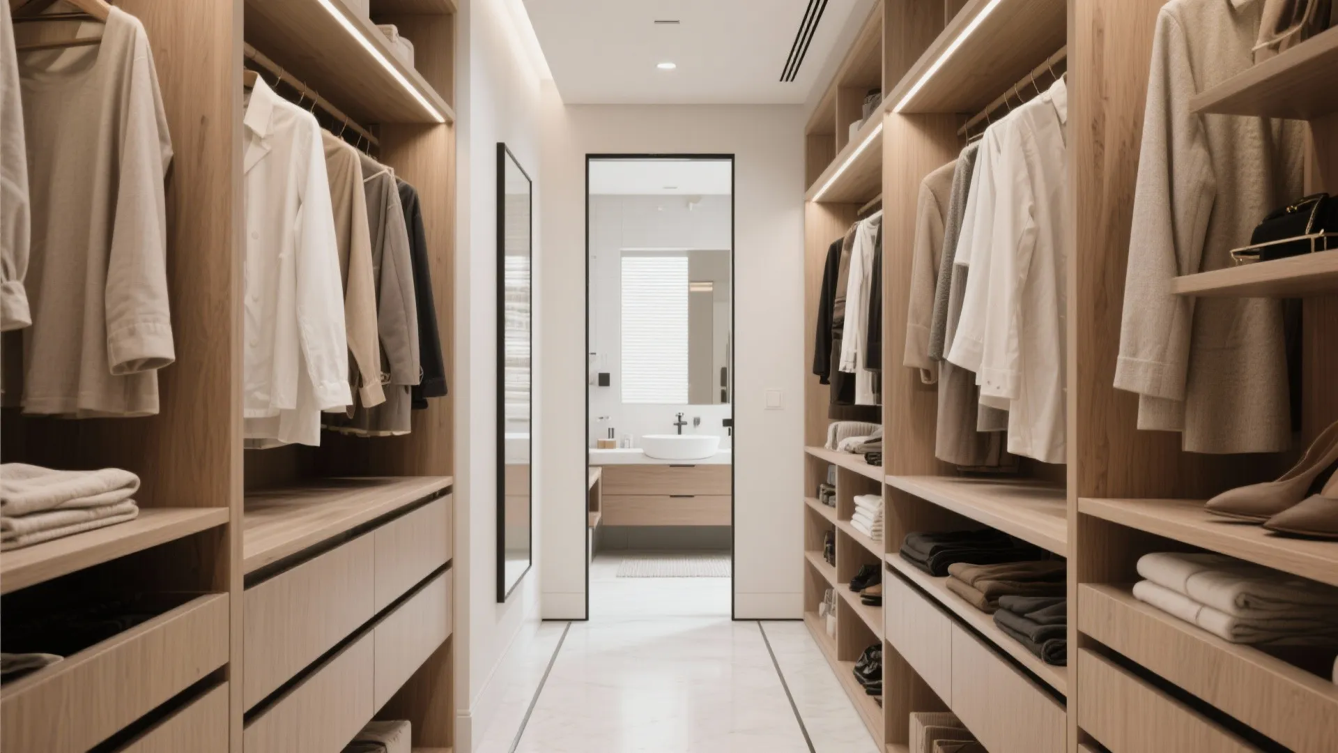 Modern walk in closet with wooden cabinets and clothes leading to a bright white bathroom area