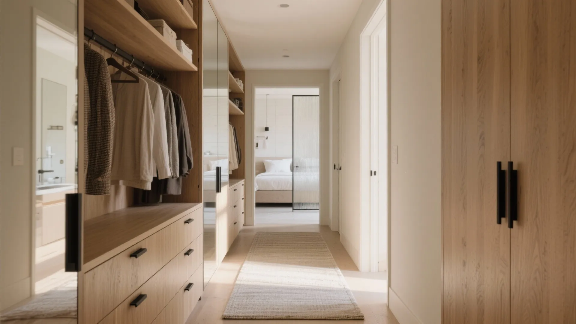 Walk-through wardrobe as a privacy buffer