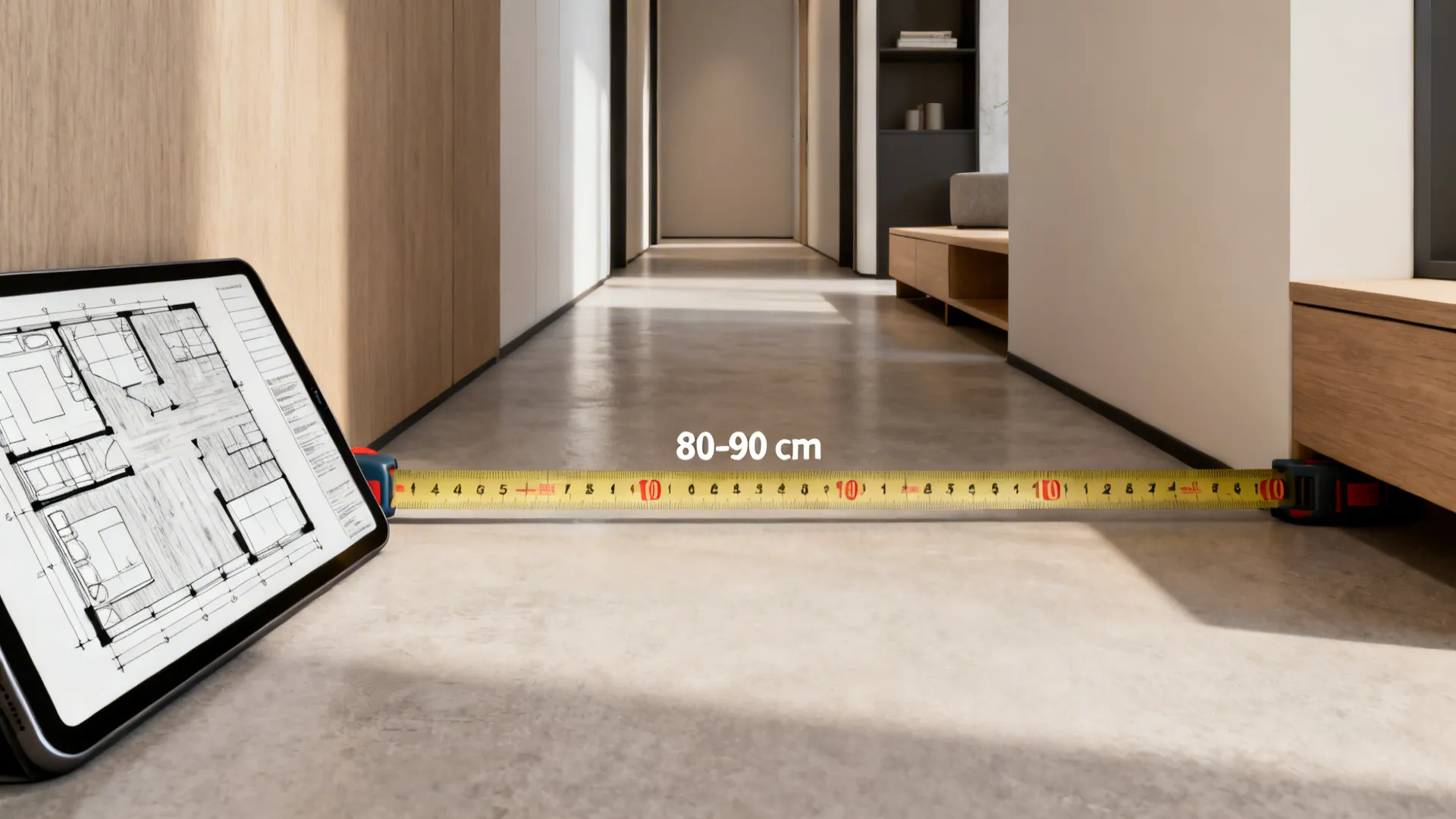 Mockup showing walkway measurement and low-profile furniture for narrow room planning