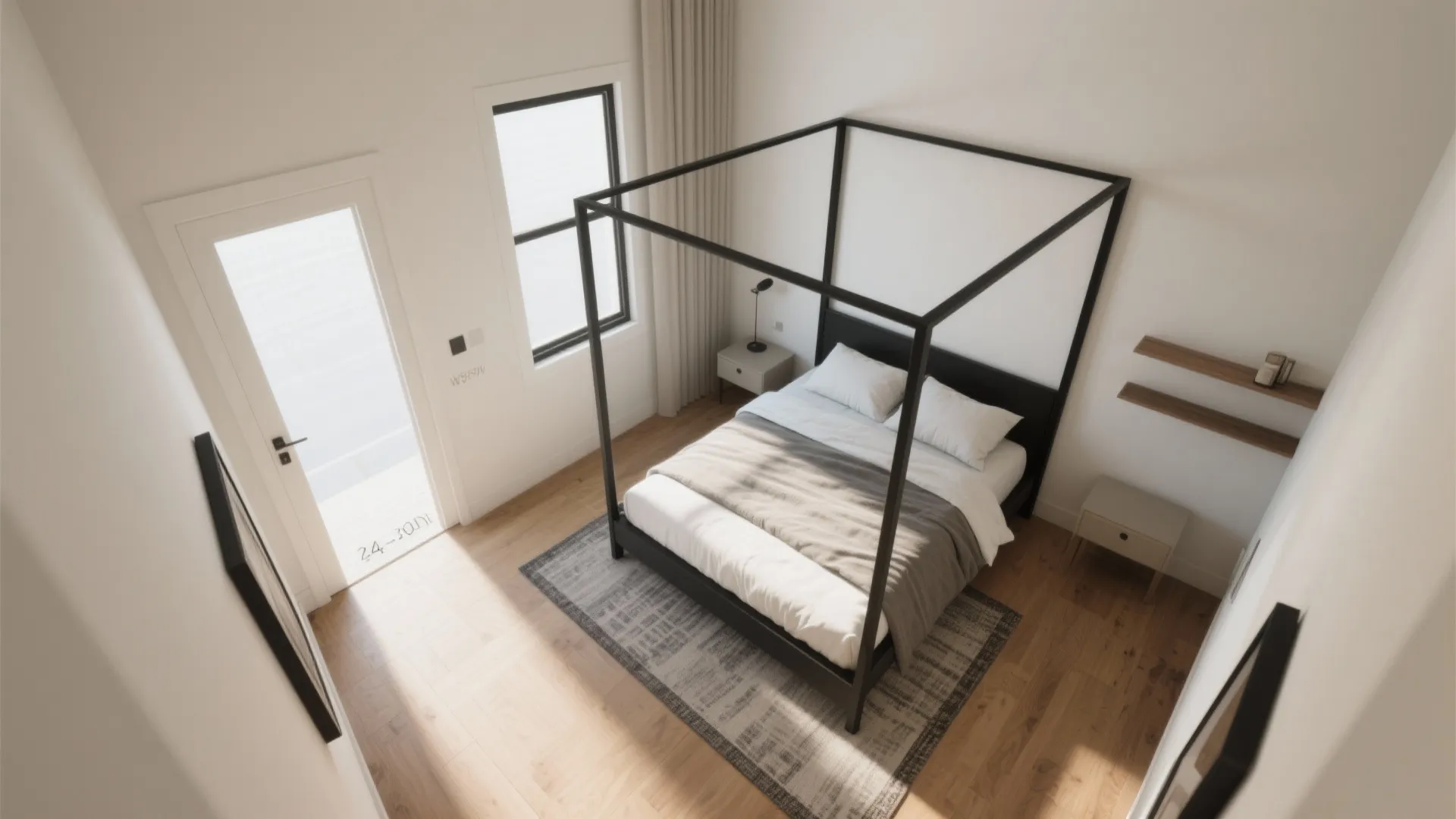 Interior design drawing of a modern bedroom showing a black four-poster bed and wooden floor