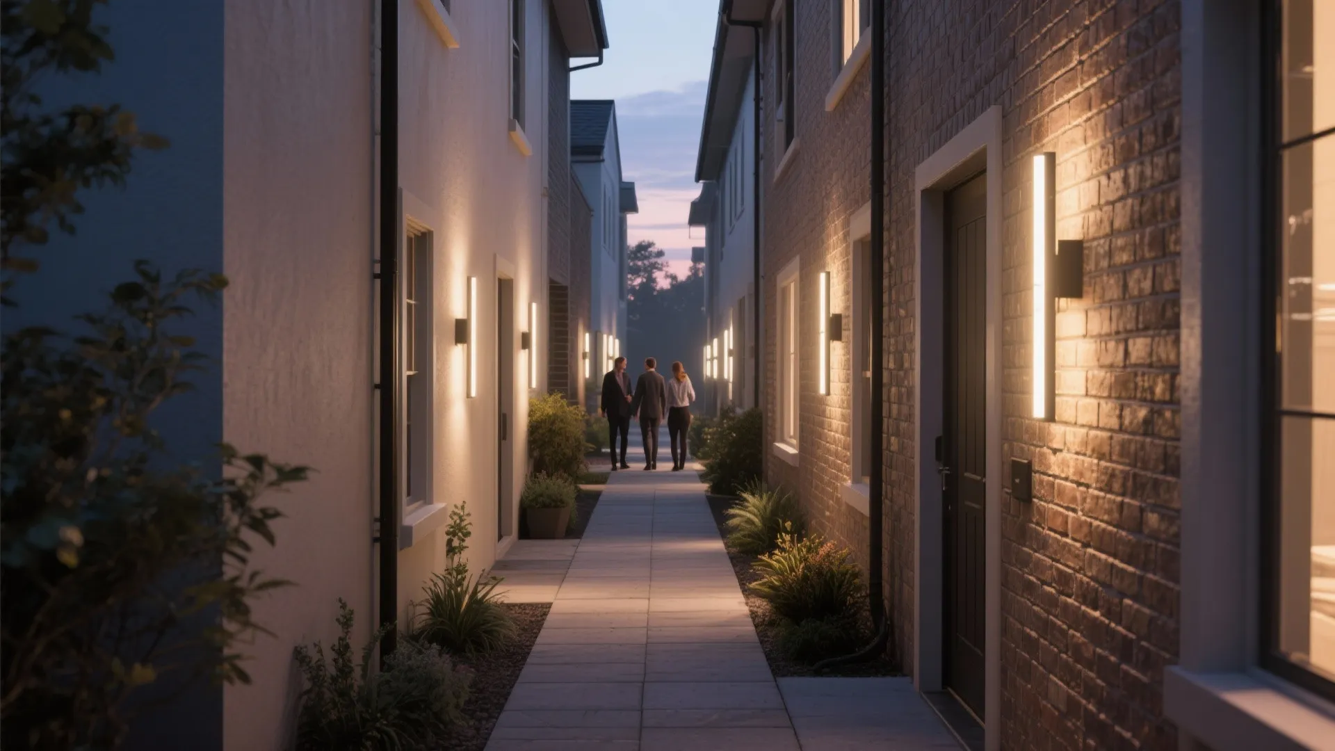 Modern outdoor narrow walkway with white wall lights and three people walking during the evening
