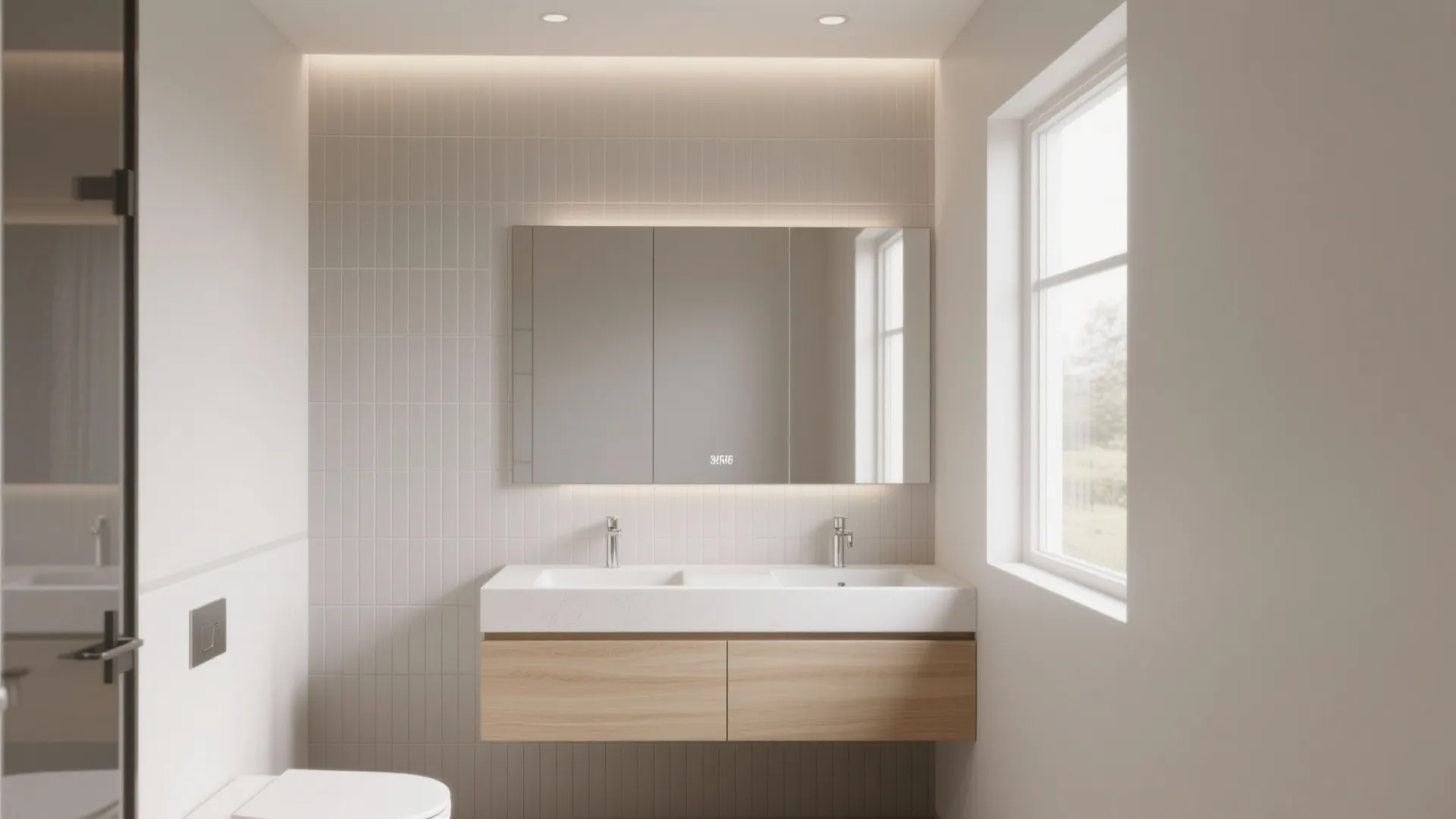 Modern bathroom with double sink vanity and wood cabinet plus large mirror and bright window
