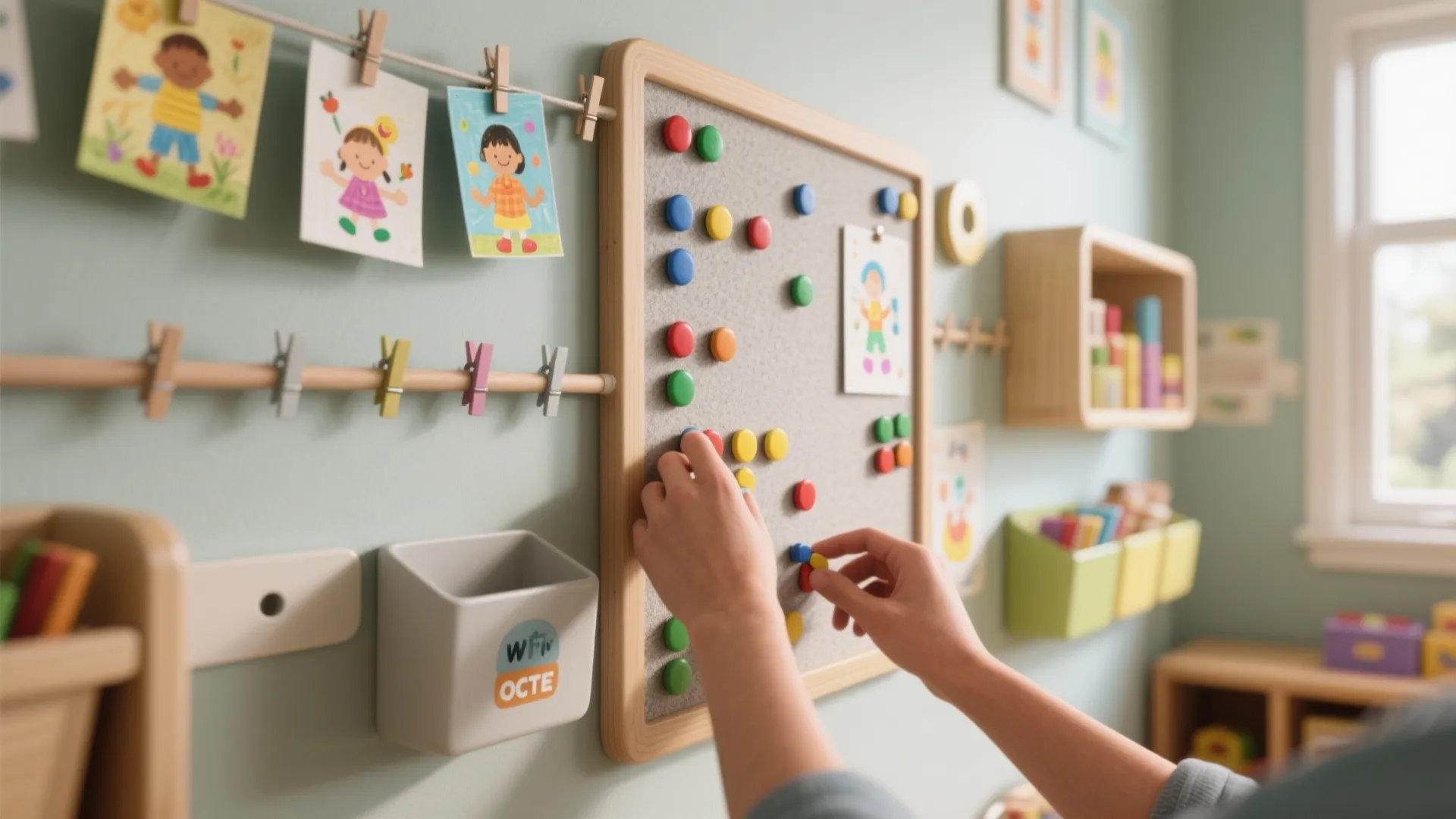 Hands moving colorful magnets on a wall board beside drawings hanging from a wooden rail