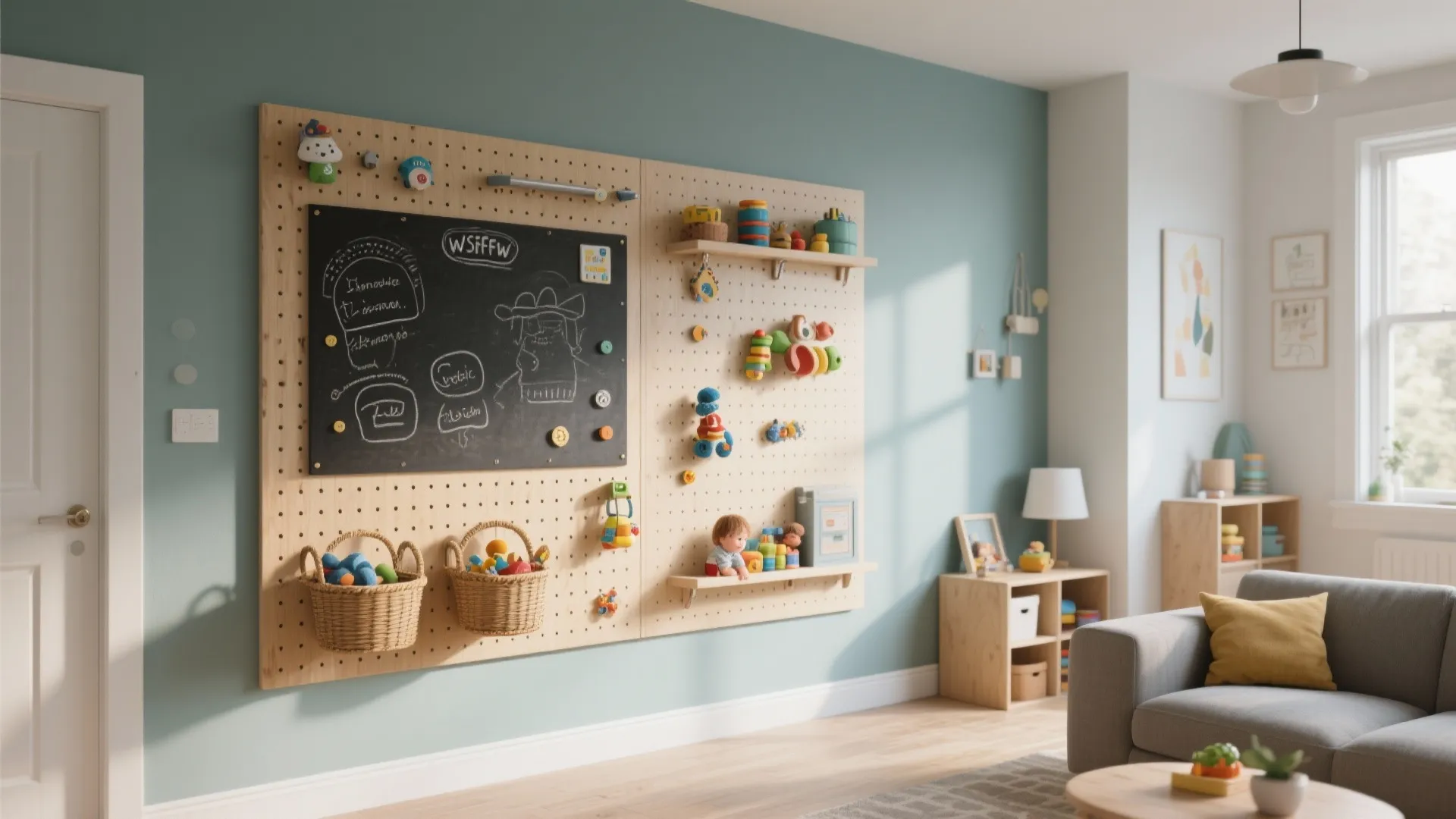 Large wooden pegboard with a blackboard small shelves storage baskets and toys on a blue wall