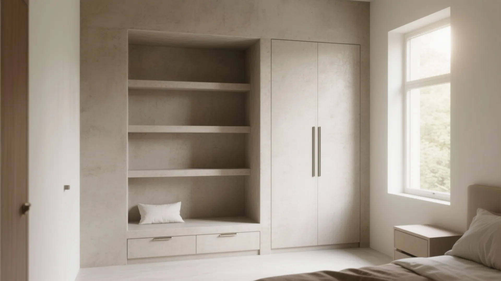 Modern bedroom with built-in wall cabinet and open shelves for storage near a bright window